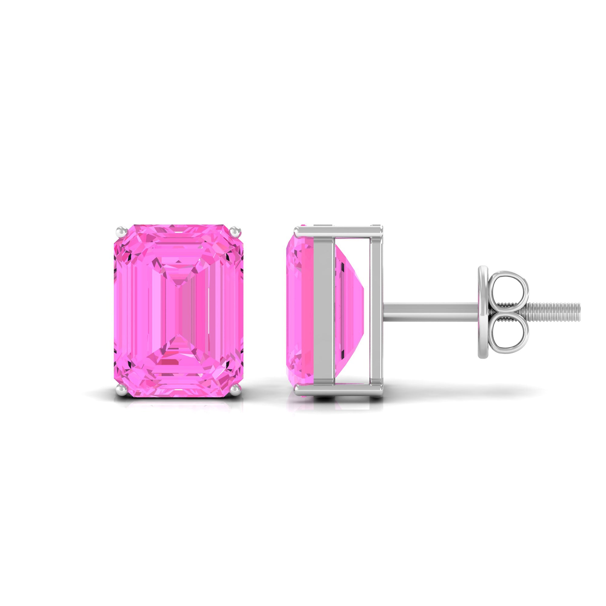 Emerald Cut Created Pink Sapphire Solitaire Stud Earrings Lab Created Pink Sapphire - ( AAAA ) - Quality - Rosec Jewels