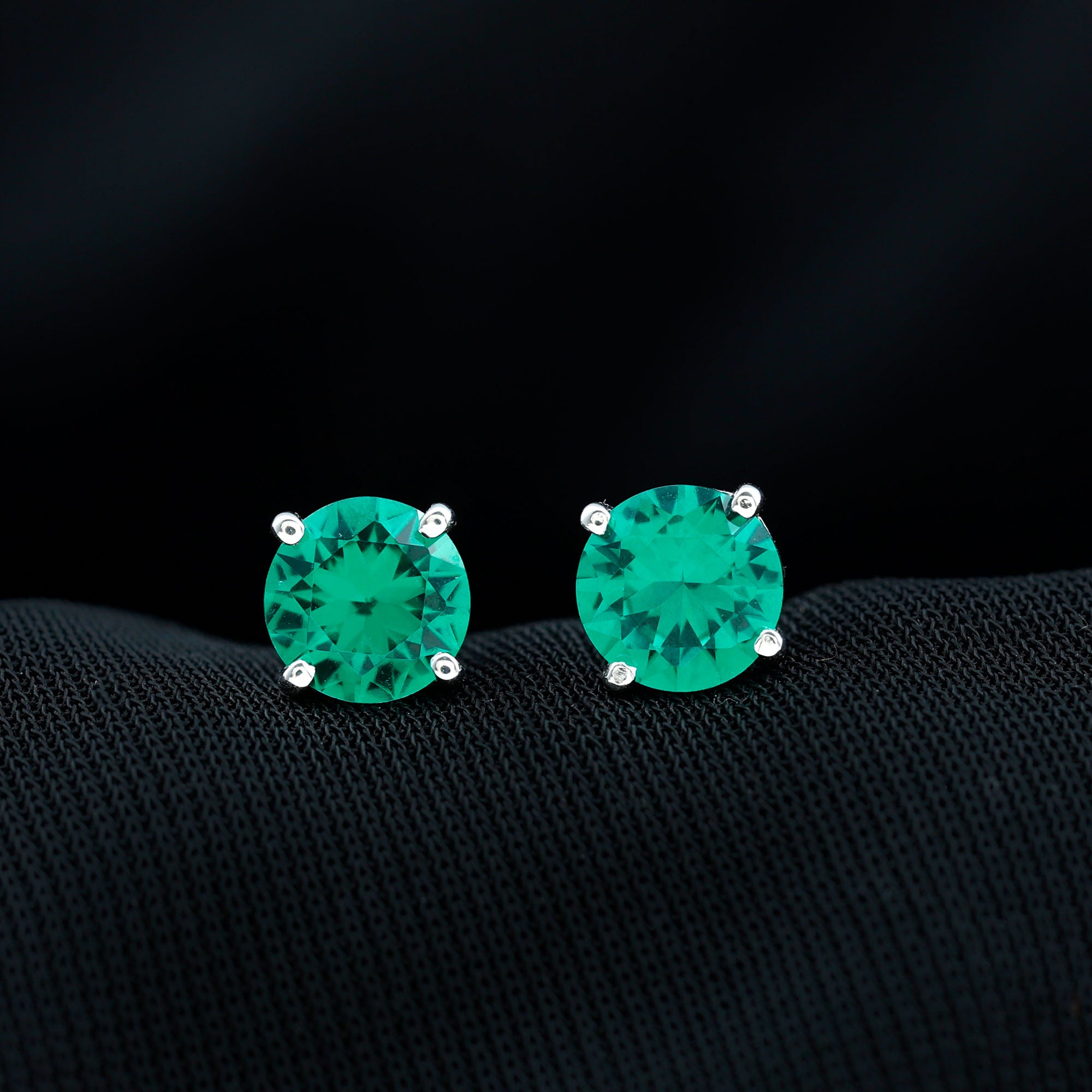 Elegant Created Emerald Solitaire Stud Silver Earrings Lab Created Emerald - ( AAAA ) - Quality 92.5 Sterling Silver - Rosec Jewels