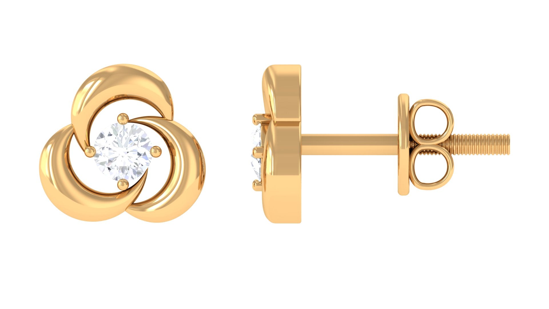 Rosec Jewels-Diamond Solitaire and Gold Swirl Stud Earring with Screw Back Closure