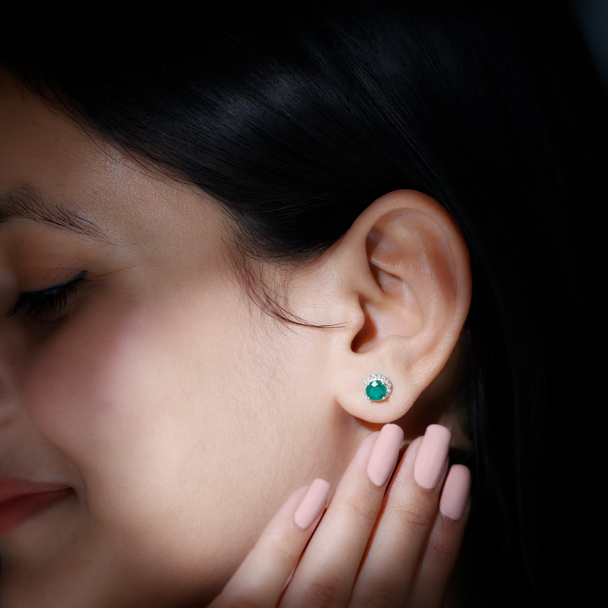 Halo Stud Earrings with Emerald and Diamond Emerald - ( AAA ) - Quality - Rosec Jewels