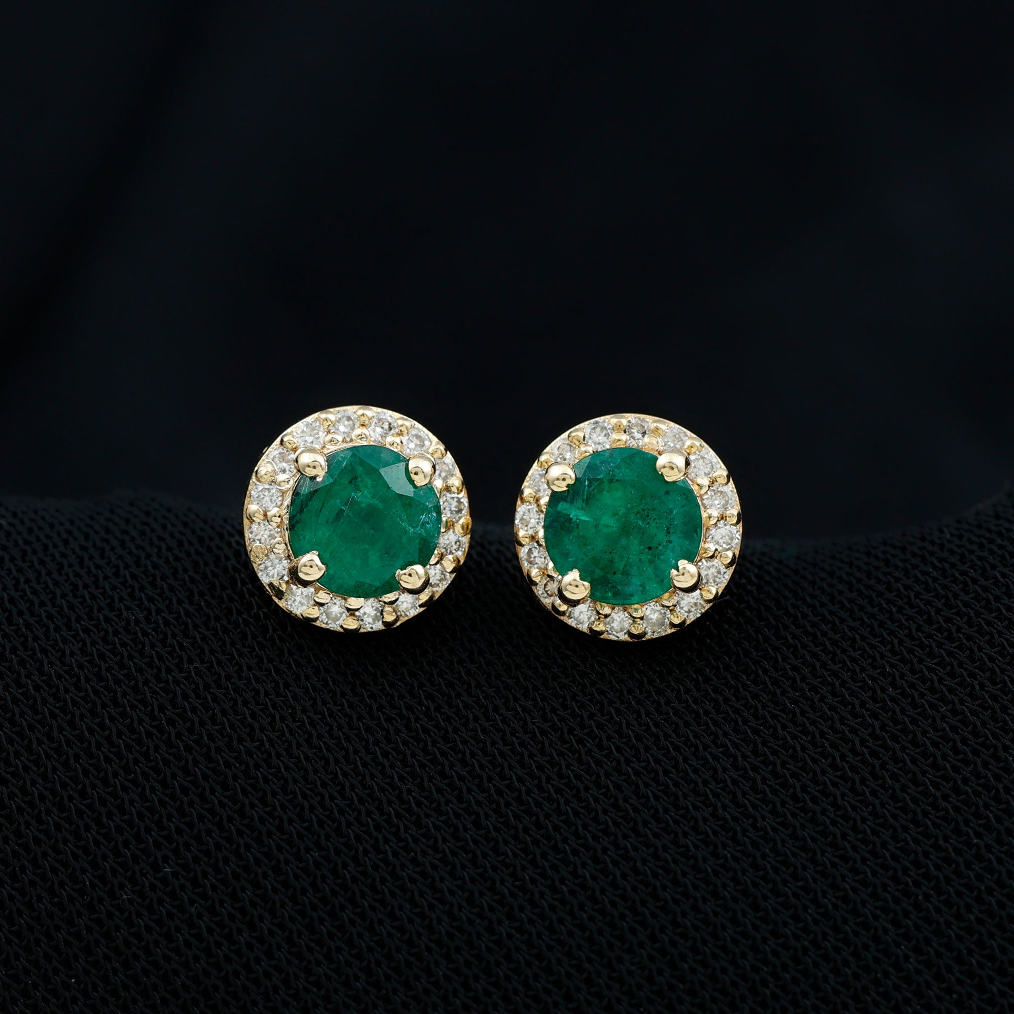 Halo Stud Earrings with Emerald and Diamond Emerald - ( AAA ) - Quality - Rosec Jewels