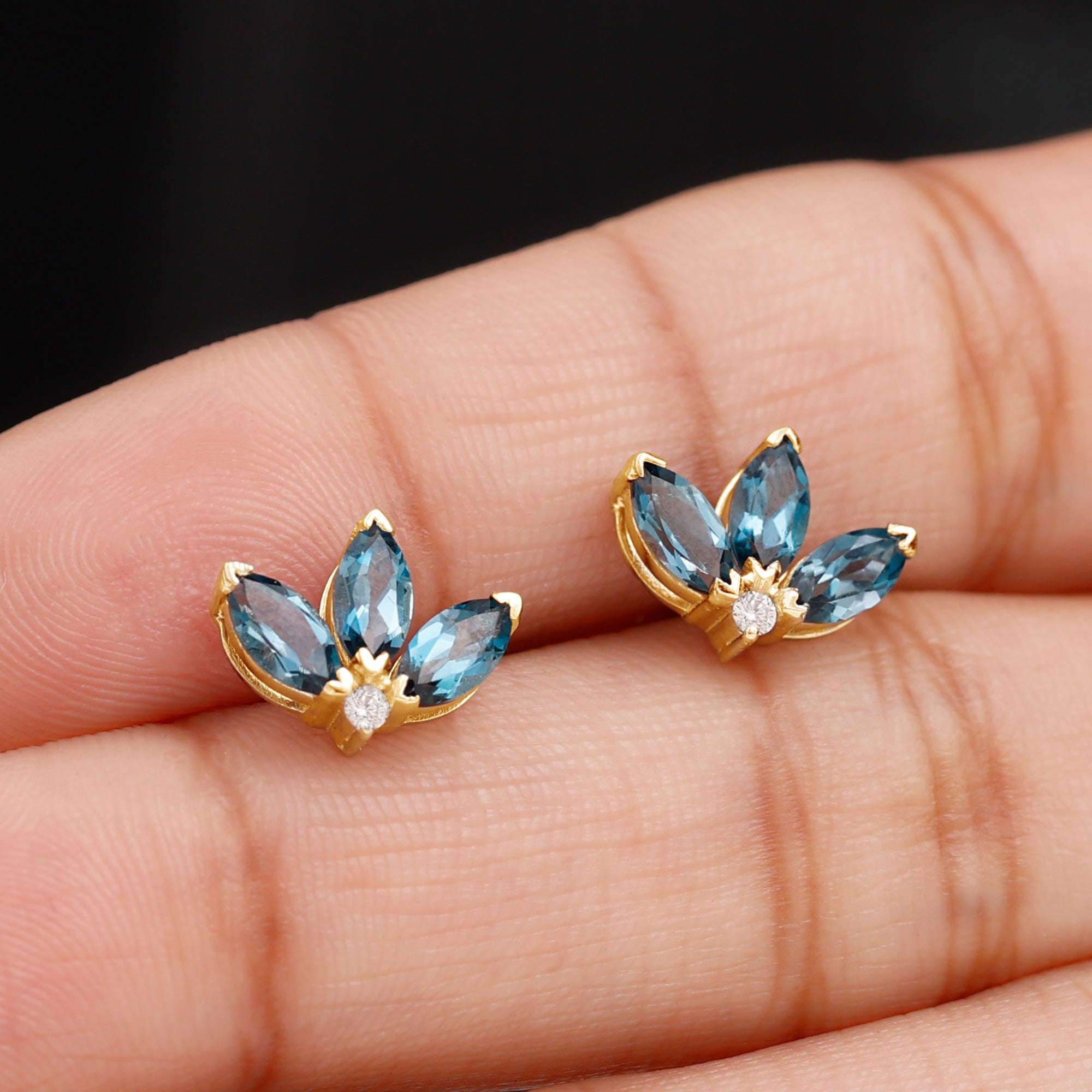 Floral Stud Earrings with London Blue Topaz and Moissanite London Blue Topaz - ( AAA ) - Quality - Rosec Jewels