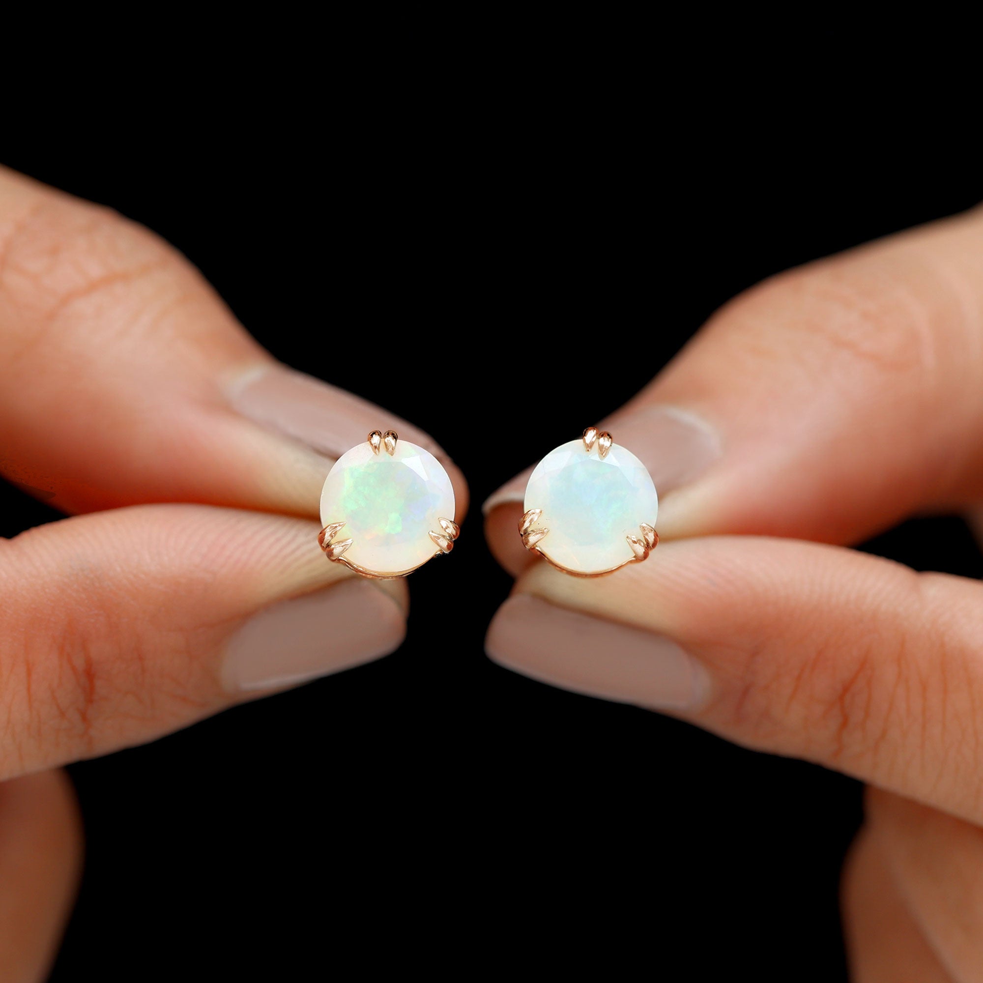 8 MM Ethiopian Opal Solitaire Stud Earrings in Double Prong Setting Ethiopian Opal - ( AAA ) - Quality - Rosec Jewels