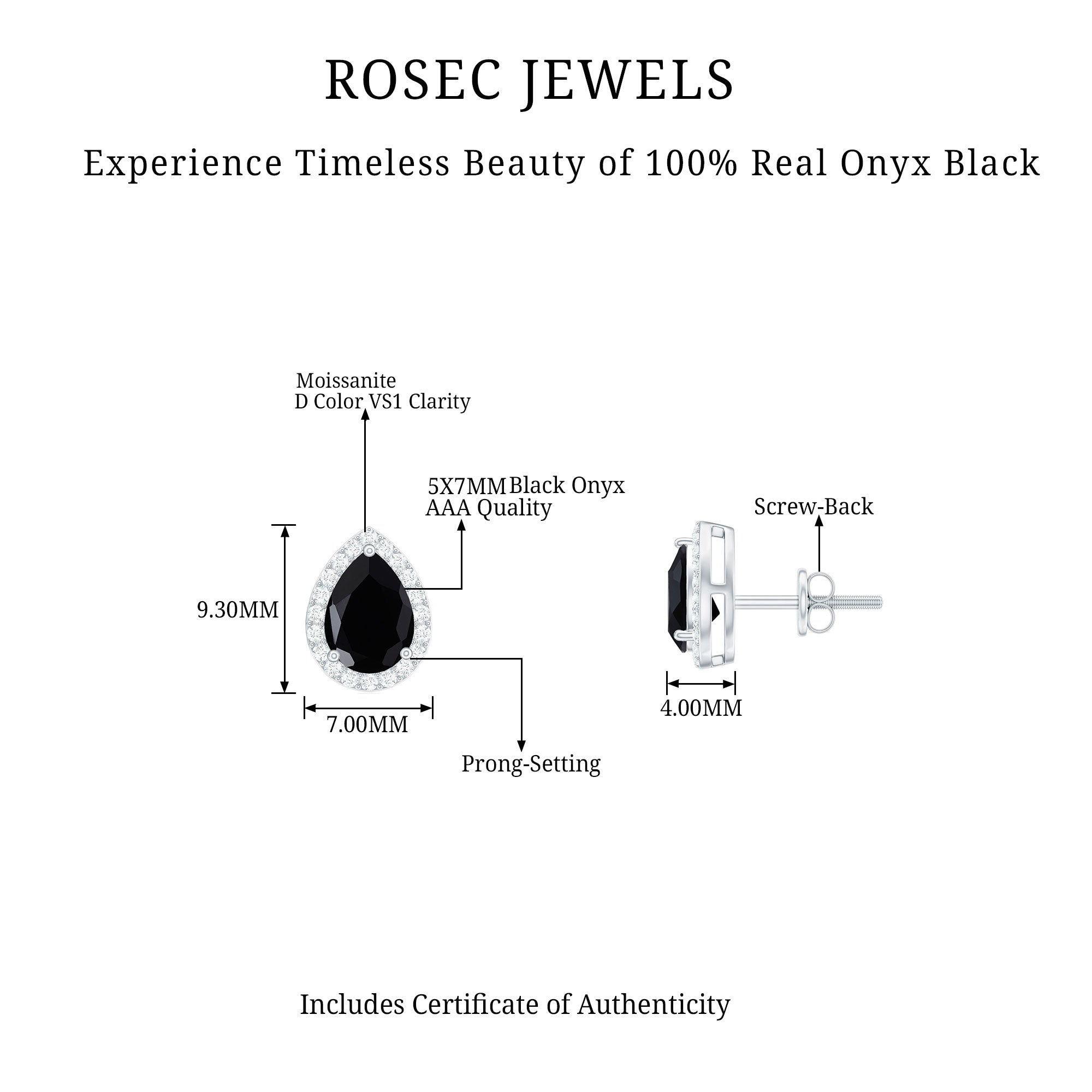 1.50 CT Classic Pear Cut Black Onyx and Moissanite Stud Earrings Black Onyx - ( AAA ) - Quality - Rosec Jewels