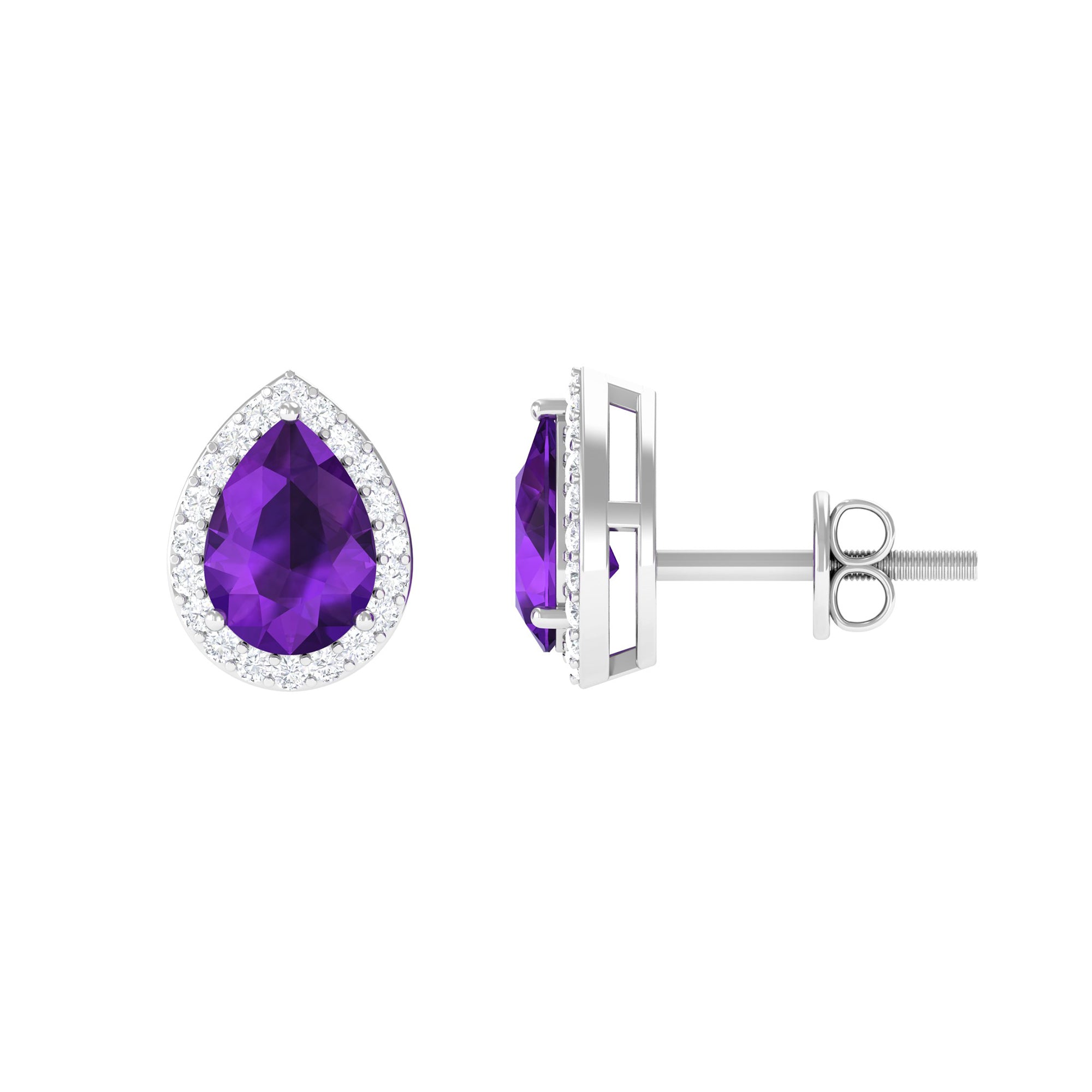 Classic Pear Cut Amethyst and Diamond Halo Stud Earrings Amethyst - ( AAA ) - Quality - Rosec Jewels