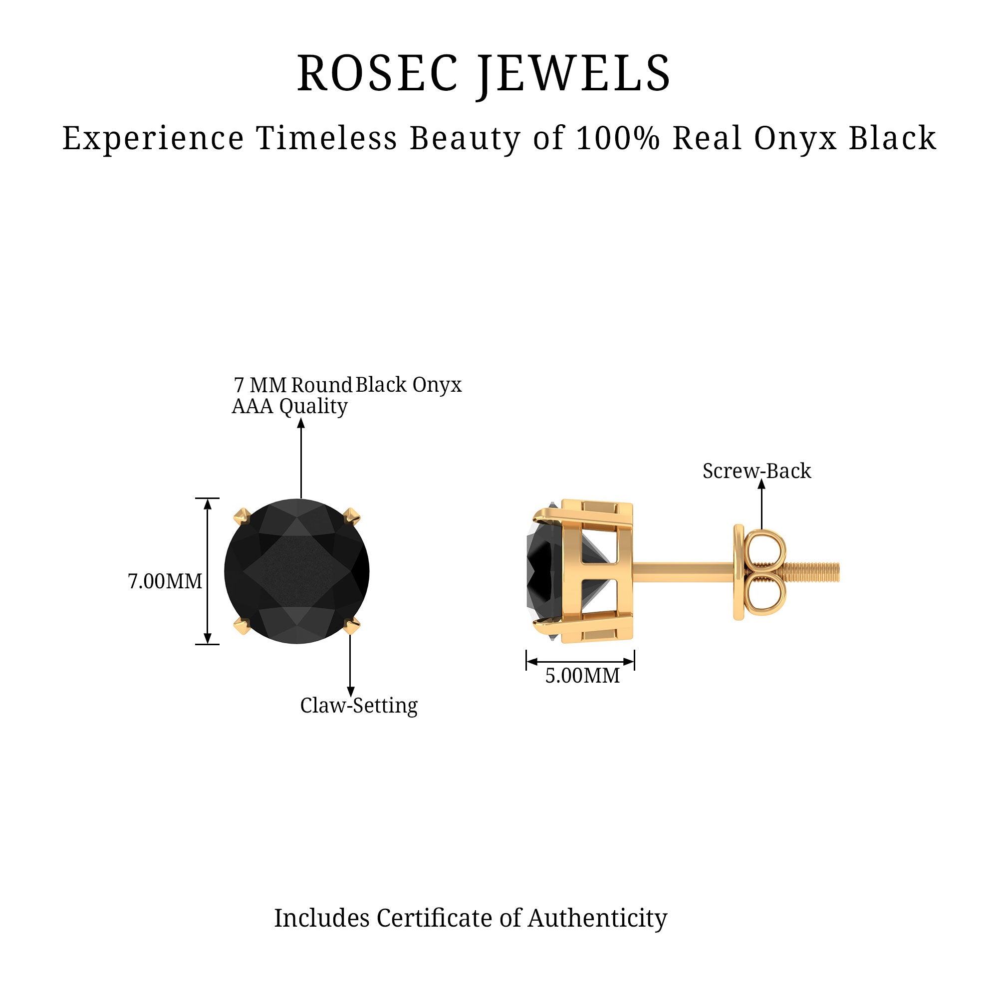 6.5X6.5 MM Round Cut Black Onyx Solitaire Stud Earrings in 4 Prong Setting Black Onyx - ( AAA ) - Quality - Rosec Jewels