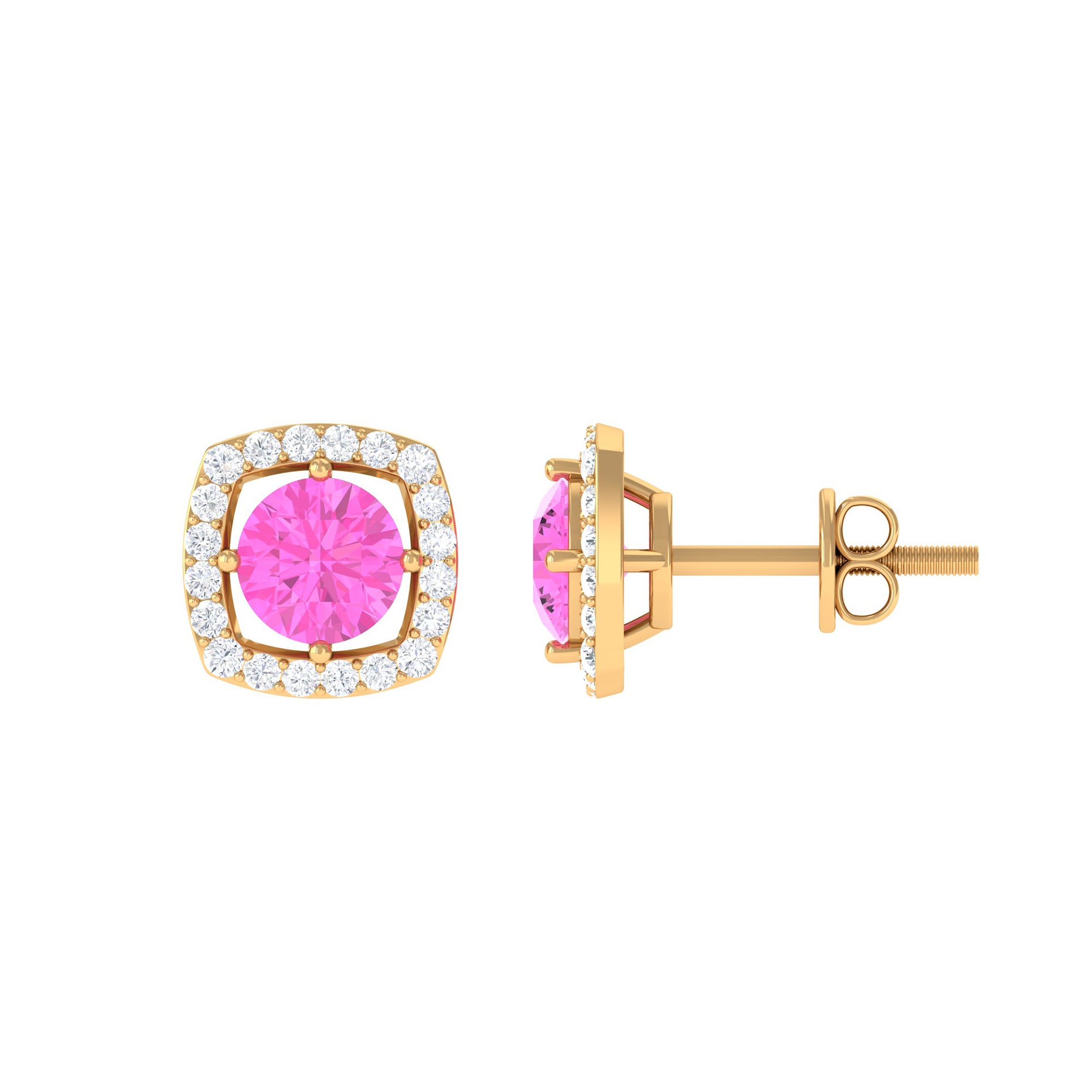 Classic Pink Sapphire and Diamond Halo Stud Earrings Pink Sapphire - ( AAA ) - Quality - Rosec Jewels