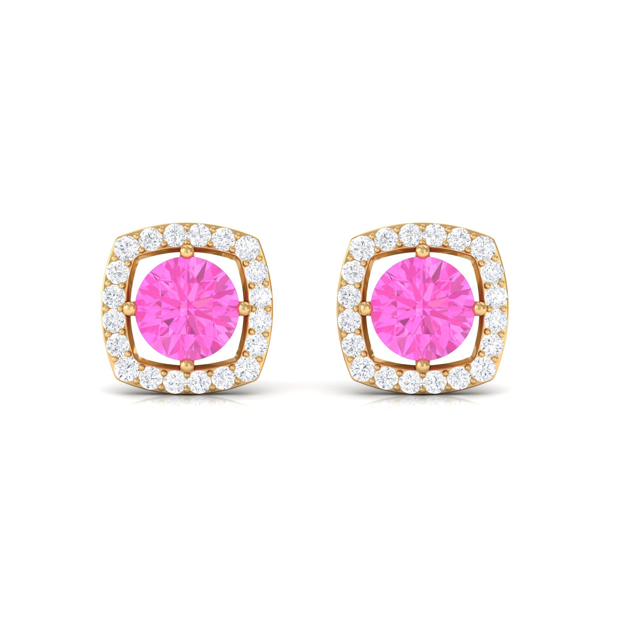 Classic Pink Sapphire and Diamond Halo Stud Earrings Pink Sapphire - ( AAA ) - Quality - Rosec Jewels