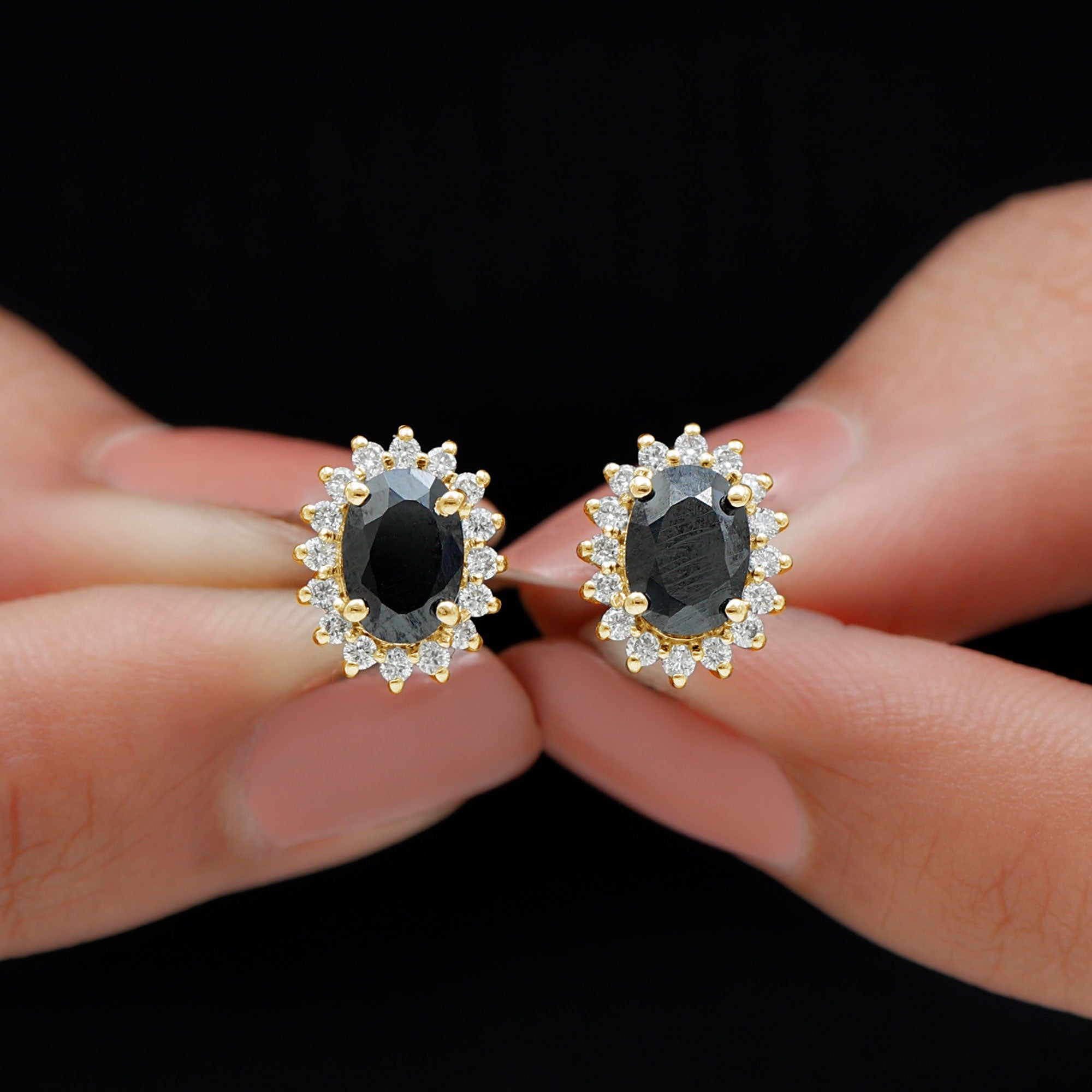 2.5 CT Oval Cut Black Onyx Classic Stud Earrings with Diamond Halo Black Onyx - ( AAA ) - Quality - Rosec Jewels