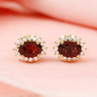 2.5 CT Oval Cut Rhodolite Statement Stud Earrings with Diamond Halo Rhodolite - ( AAA ) - Quality - Rosec Jewels