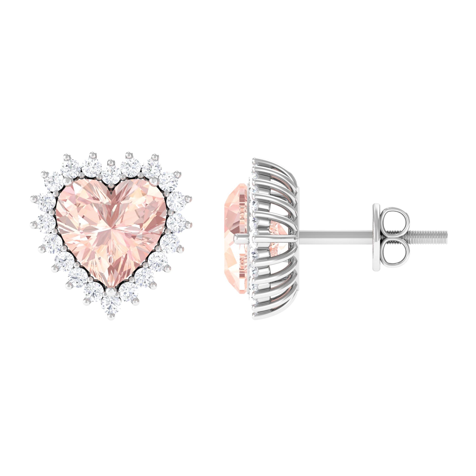 Heart Shape Morganite Halo Stud Earrings with Diamond Morganite - ( AAA ) - Quality - Rosec Jewels