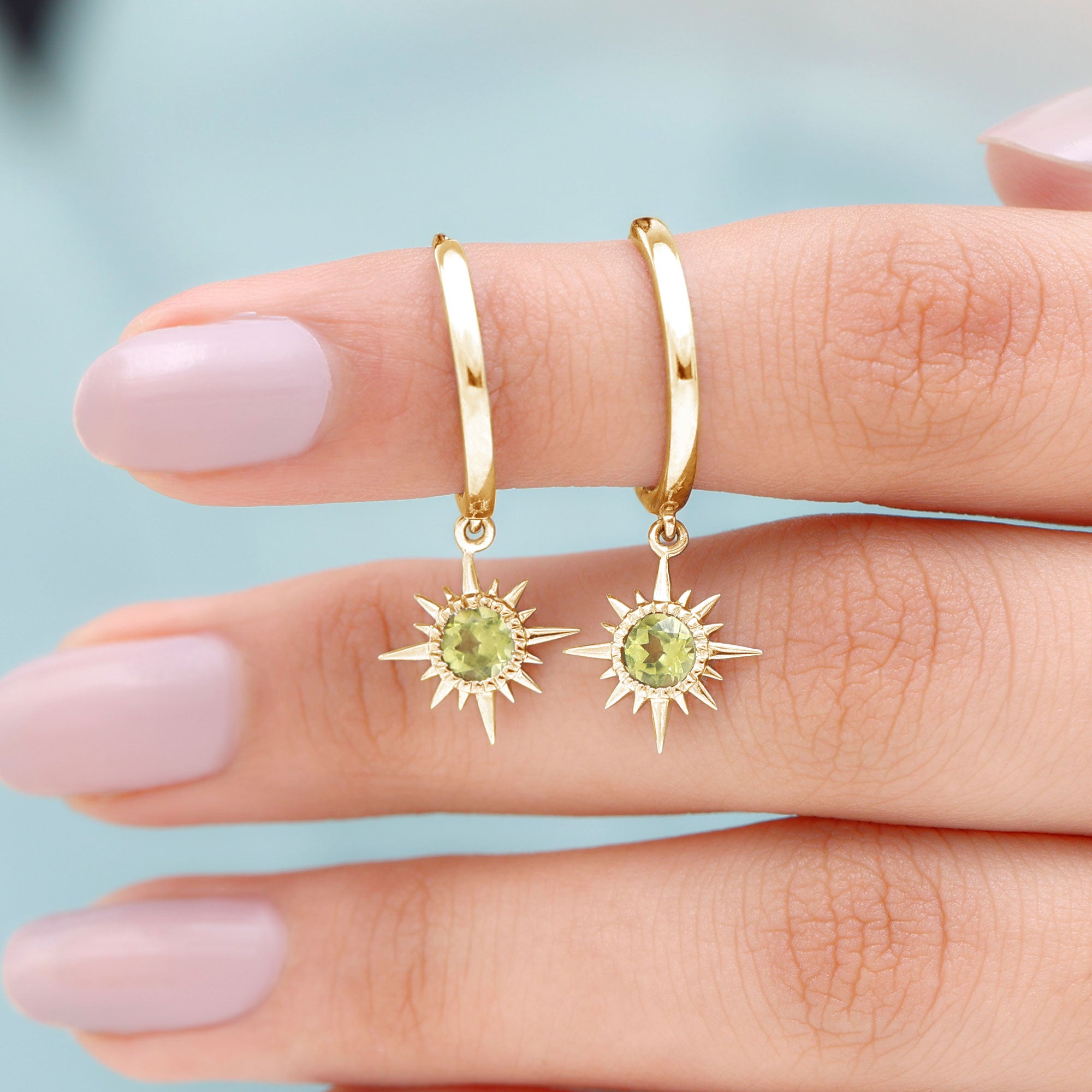 4 MM Round Shape Peridot and Gold Sunburst Hoop Drop Earrings For Women Peridot - ( AAA ) - Quality - Rosec Jewels