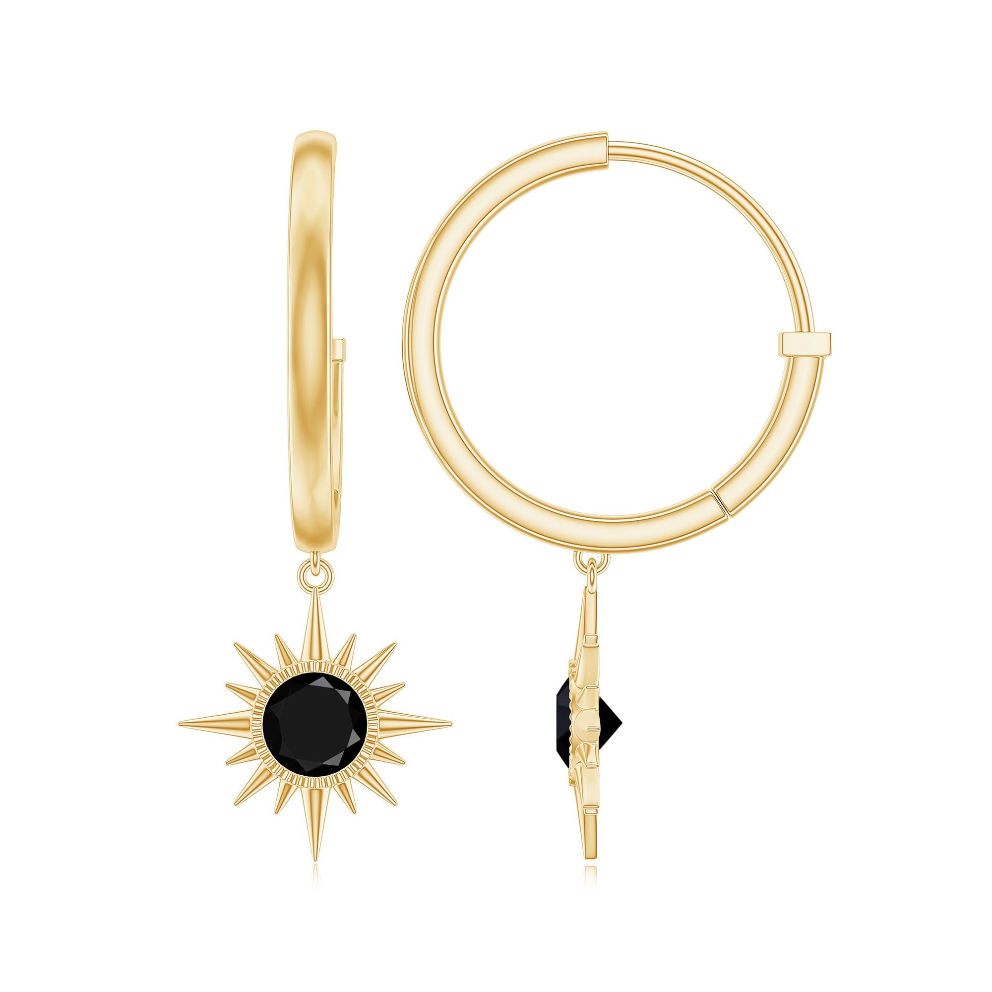 Round Created Black Diamond Sunburst Hoop Drop Earrings in Bezel Setting Lab Created Black Diamond - ( AAAA ) - Quality - Rosec Jewels