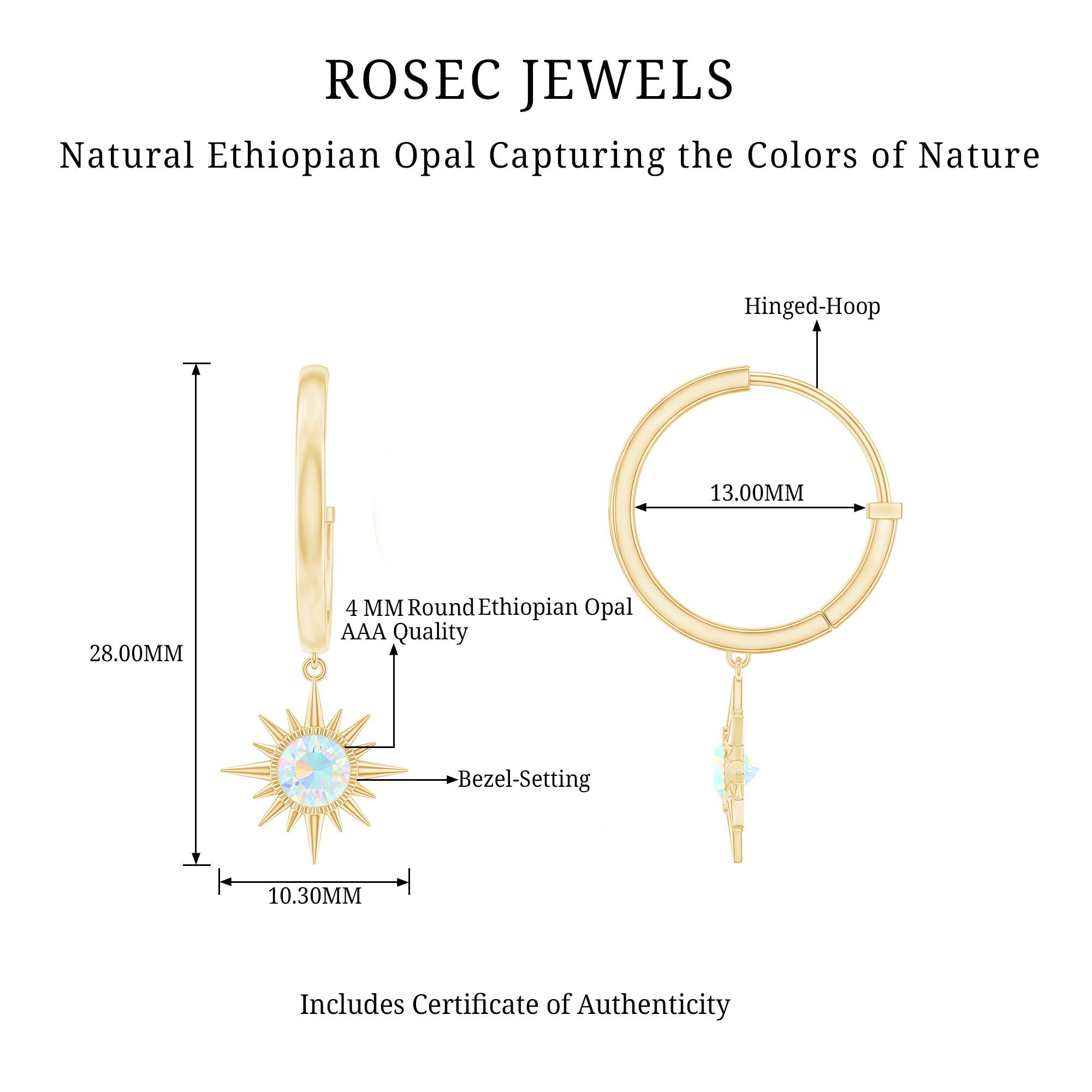 4 MM Round Shape Ethiopian Opal and Gold Sunburst Hoop Drop Earrings For Women Ethiopian Opal - ( AAA ) - Quality - Rosec Jewels