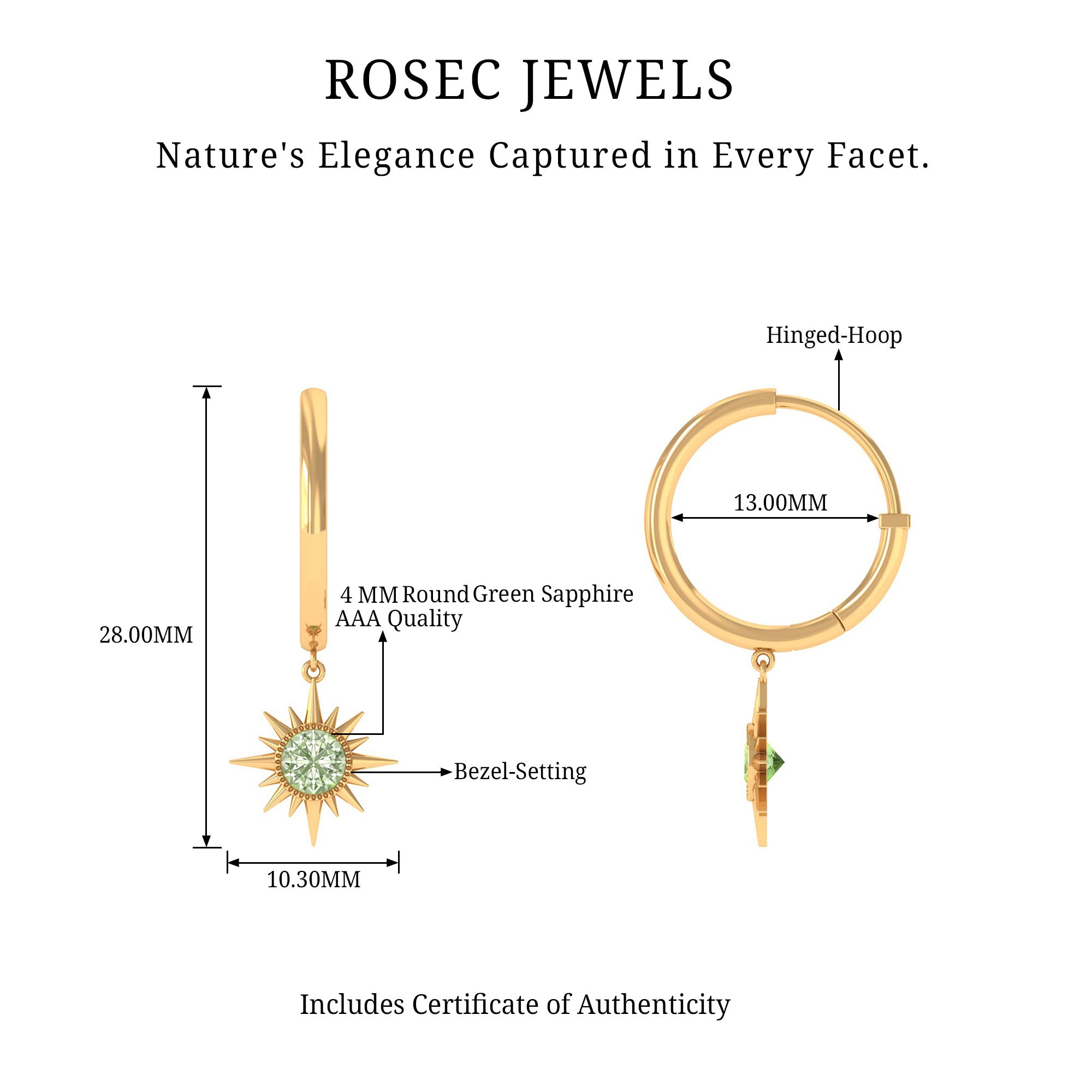 3/4 CT Milgrain Bezel Set Green Sapphire Sunburst Drop Hoop Earrings Green Sapphire - ( AAA ) - Quality - Rosec Jewels