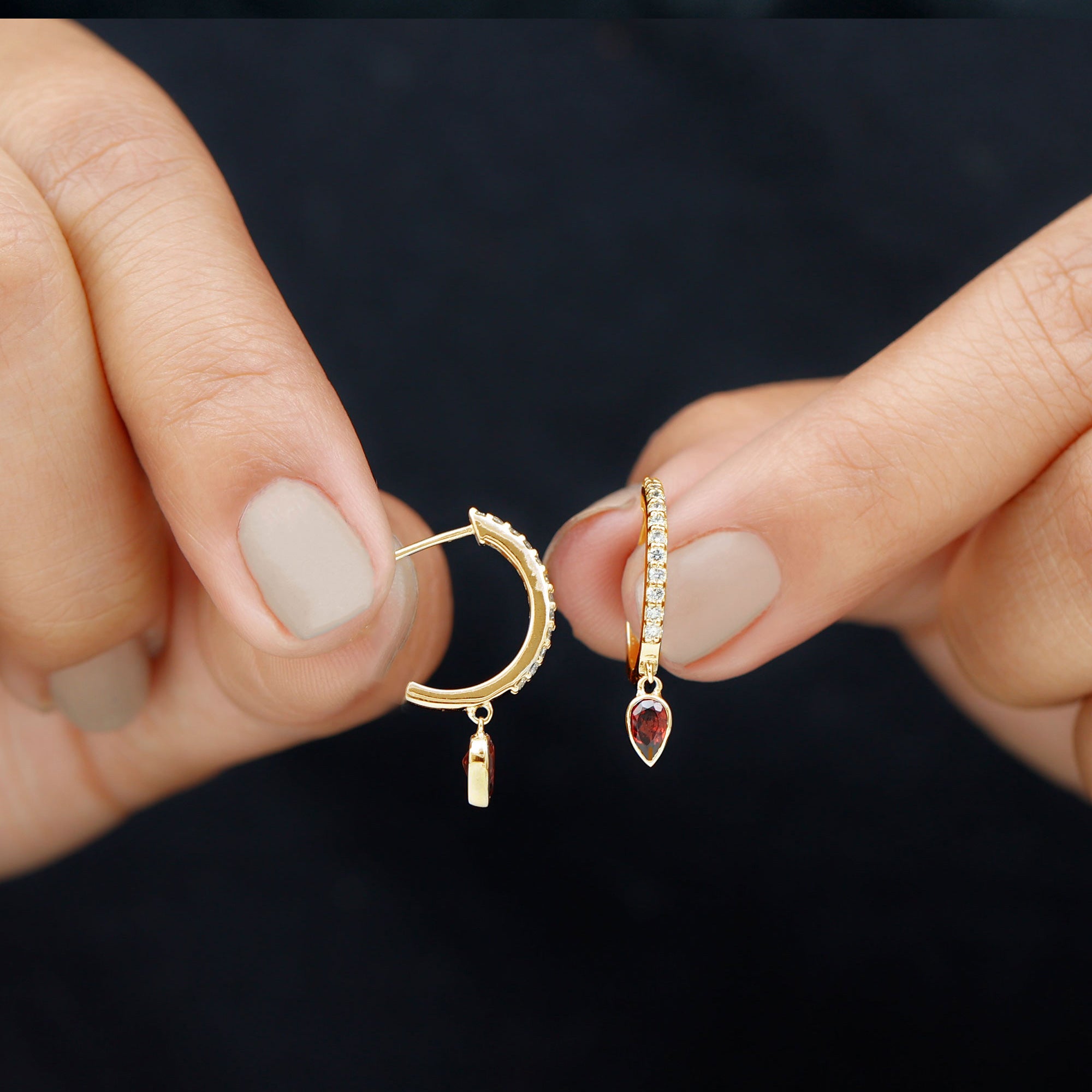 1 CT Minimal Garnet Drop Hinged Hoop Earrings with Diamond Accent Garnet - ( AAA ) - Quality - Rosec Jewels