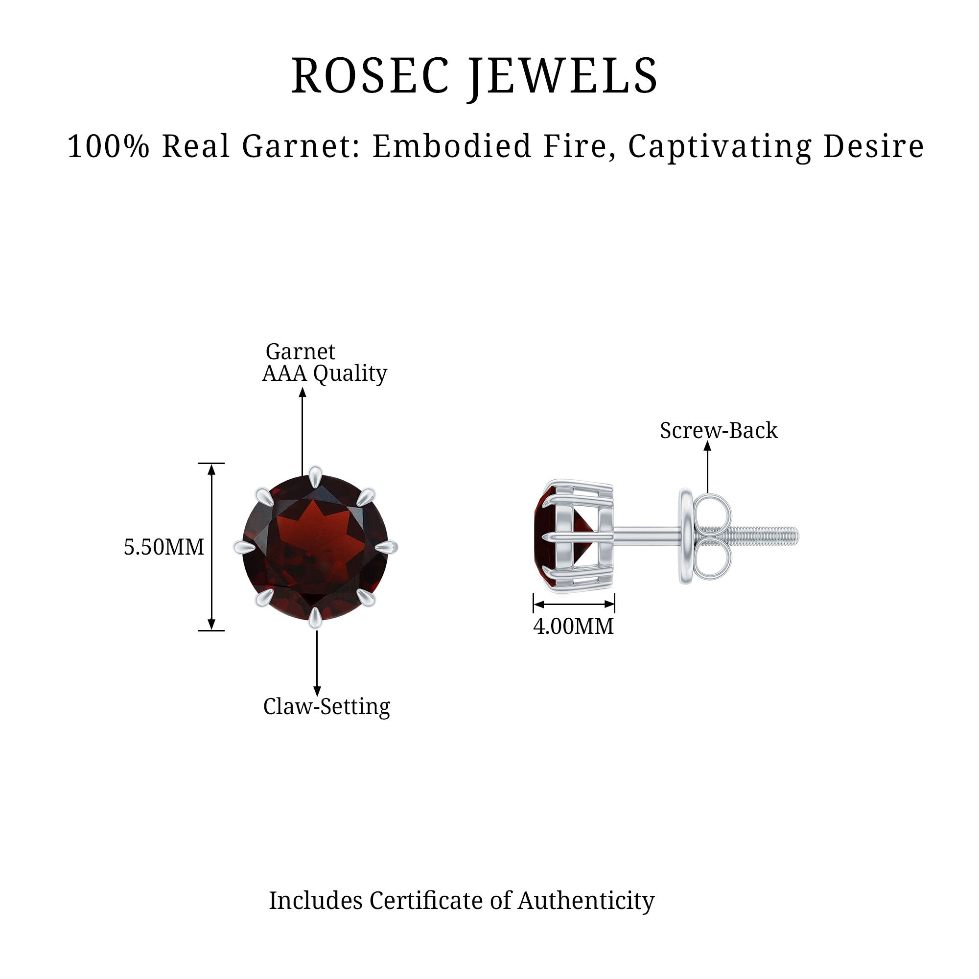 4.5 MM Natural Garnet Solitaire Stud Earrings in 8 Claw Prong Setting Garnet - ( AAA ) - Quality - Rosec Jewels