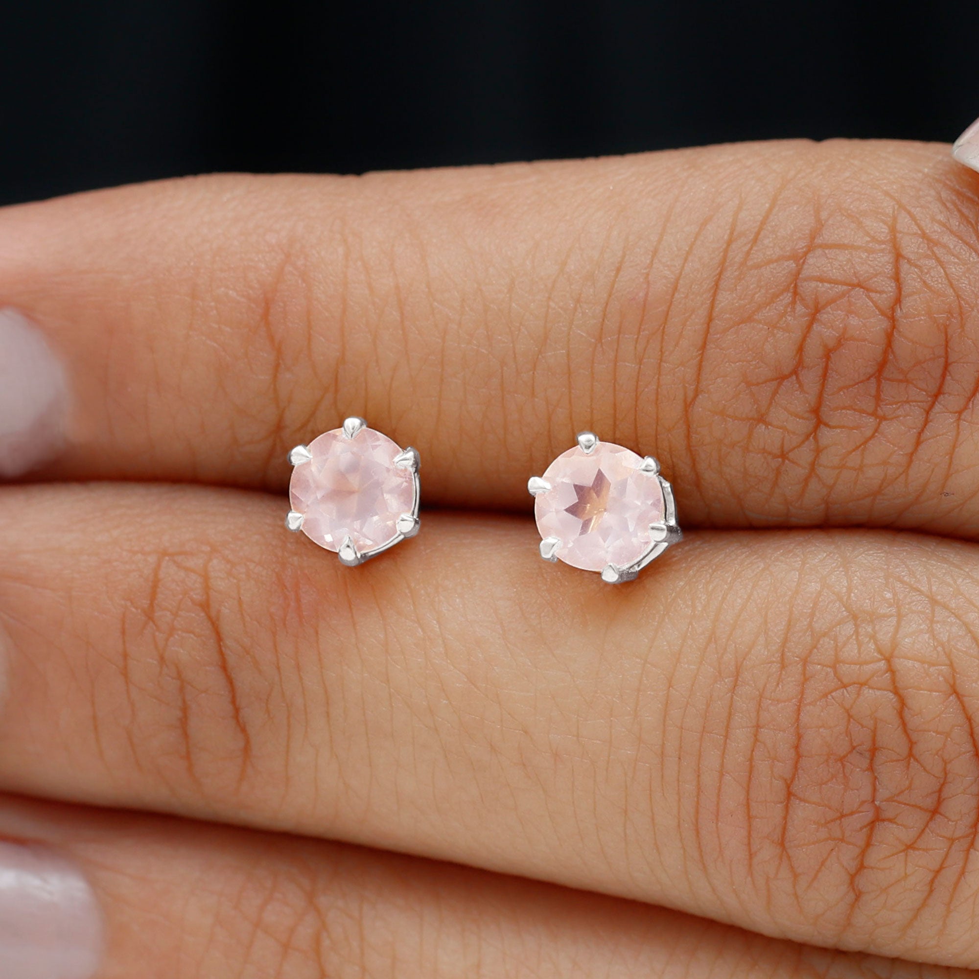 Natural Rose Quartz Solitaire Stud Earrings in 6 Claw Prong Setting Rose Quartz - ( AAA ) - Quality - Rosec Jewels