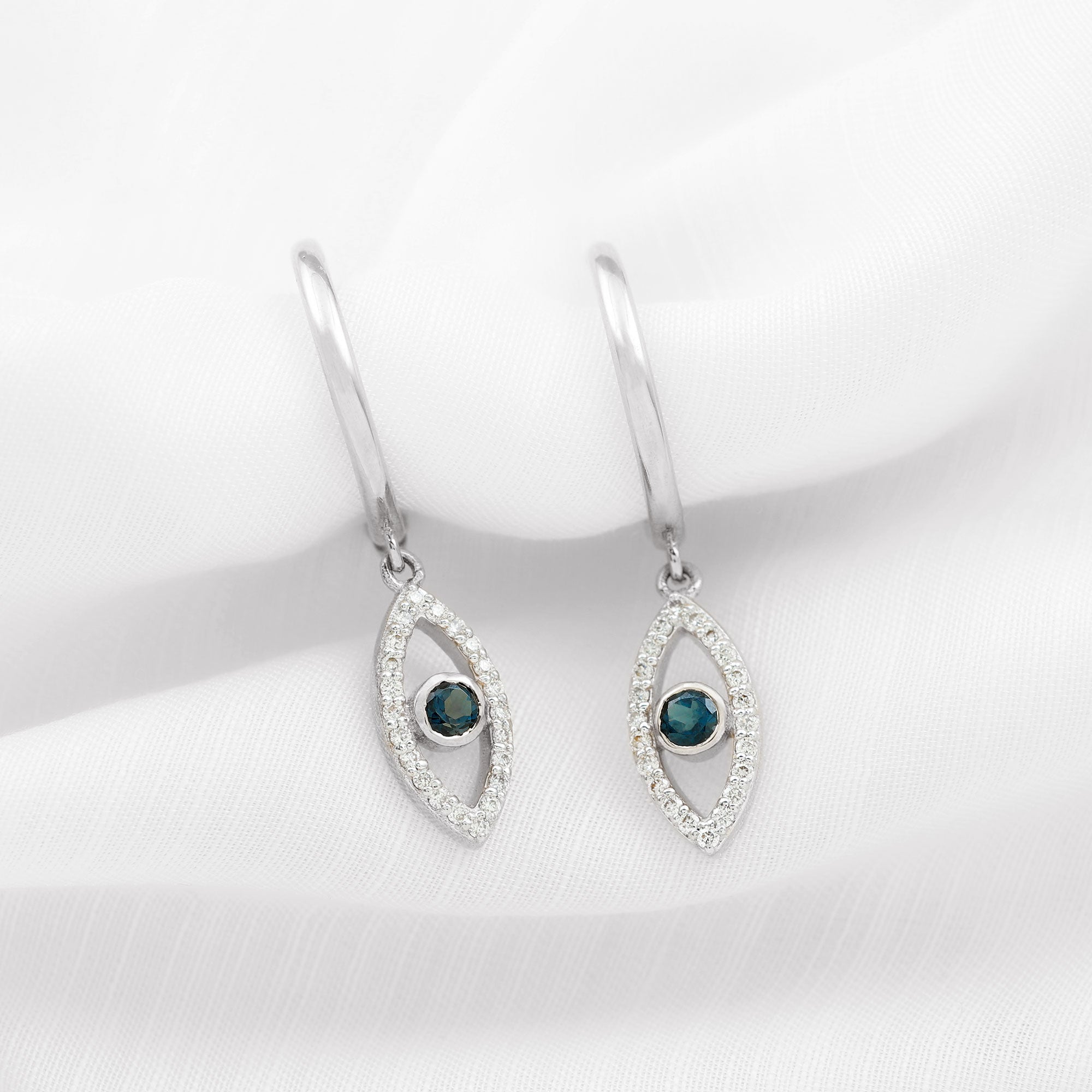 London Blue Topaz and Diamond Evil Eye Hoop Drop Earrings London Blue Topaz - ( AAA ) - Quality - Rosec Jewels