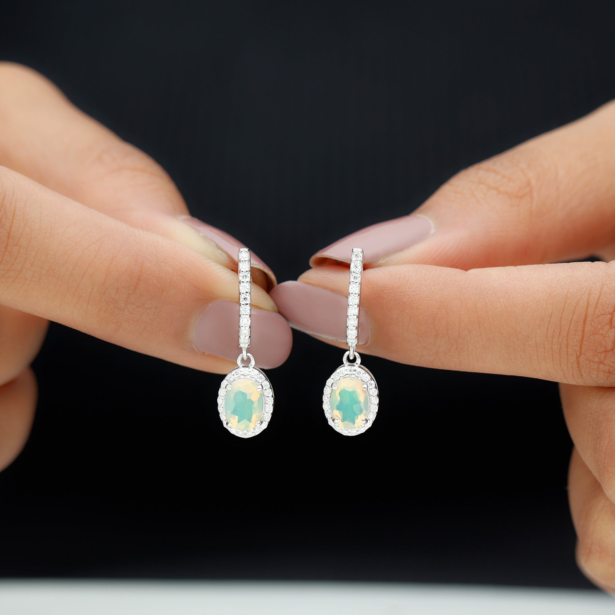 Ethiopian Opal Silver Hoop Drop Earrings with Moissanite Ethiopian Opal - ( AAA ) - Quality 92.5 Sterling Silver - Rosec Jewels