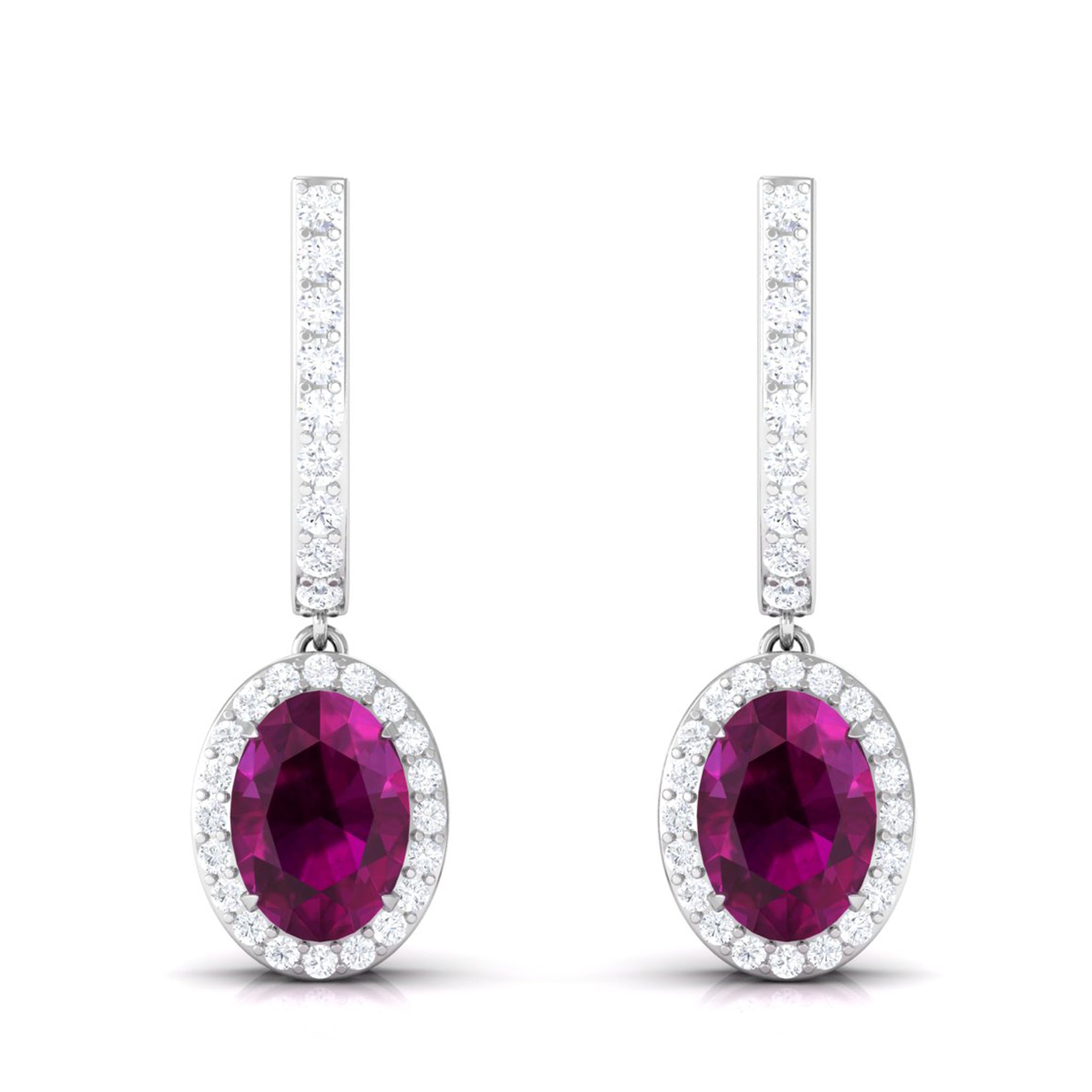 Classic Oval Rhodolite Hoop Drop Earrings with Diamond Halo Rhodolite - ( AAA ) - Quality - Rosec Jewels