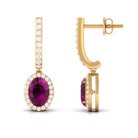 Classic Oval Rhodolite Hoop Drop Earrings with Diamond Halo Rhodolite - ( AAA ) - Quality - Rosec Jewels