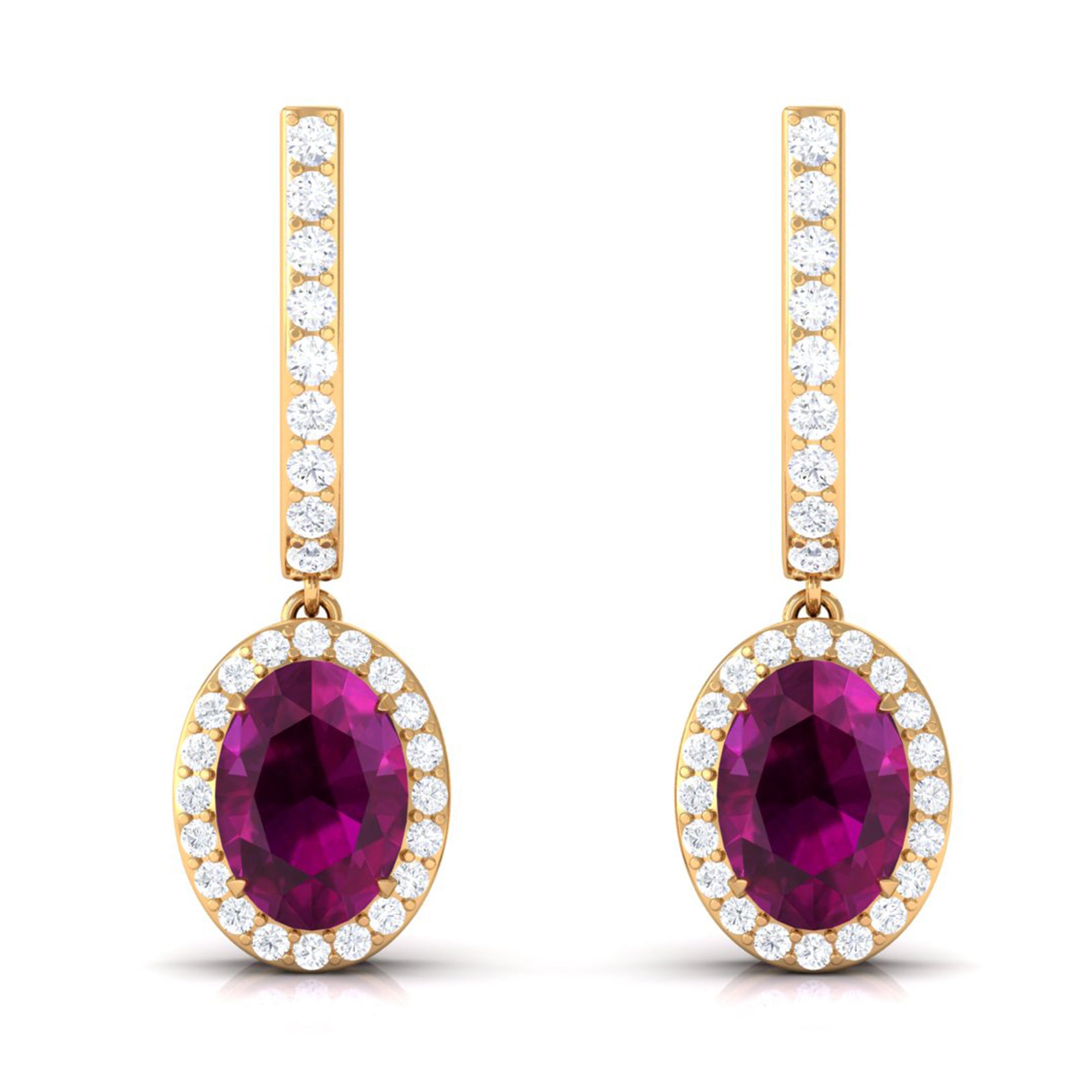 Classic Oval Rhodolite Hoop Drop Earrings with Diamond Halo Rhodolite - ( AAA ) - Quality - Rosec Jewels