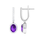 Oval Amethyst Hoop Drop Earrings with Diamond Halo Amethyst - ( AAA ) - Quality - Rosec Jewels