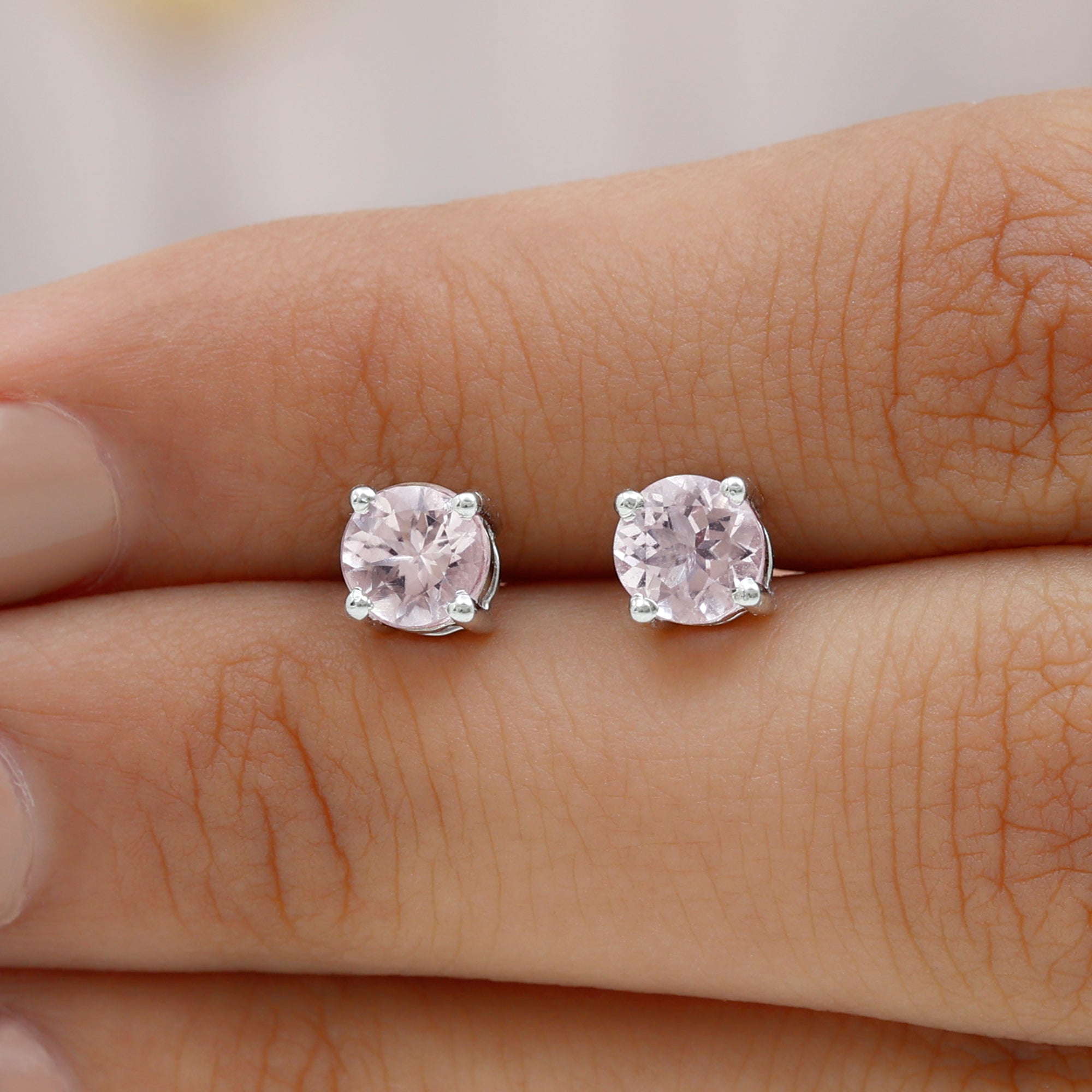 5 MM Morganite Solitaire Stud Earrings in 4 Prong Setting Morganite - ( AAA ) - Quality - Rosec Jewels