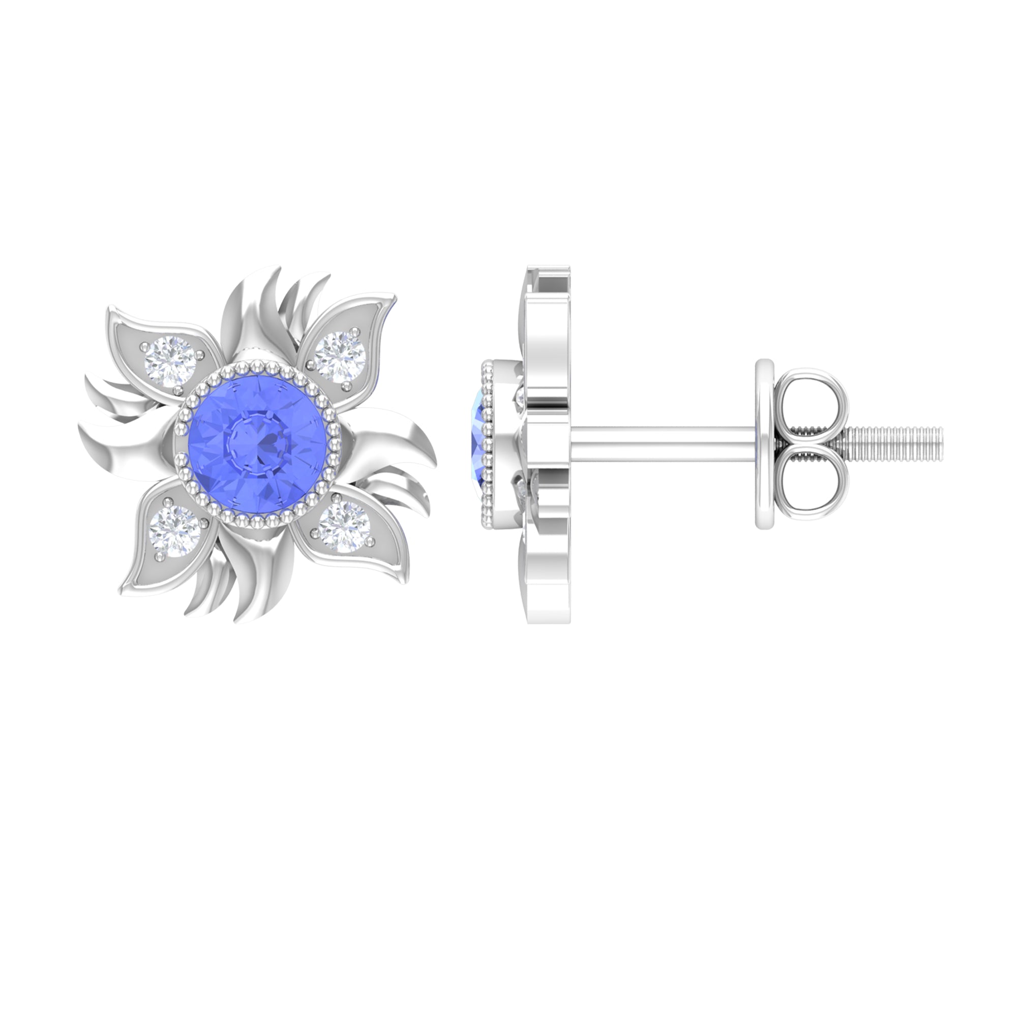 Round Shape Tanzanite and Diamond Sunburst Stud Earrings Tanzanite - ( AAA ) - Quality - Rosec Jewels