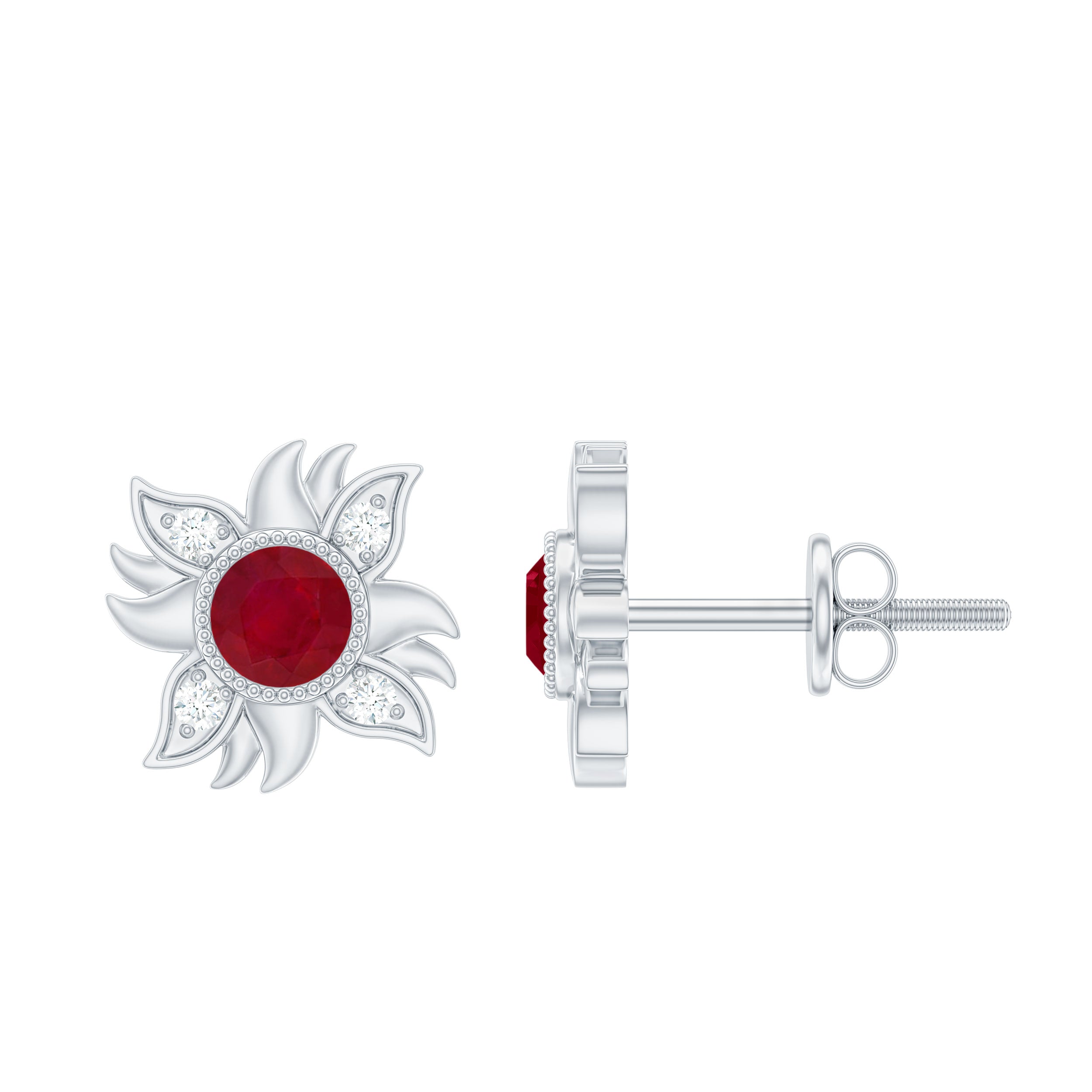 Round Shape Ruby and Diamond Sunburst Stud Earrings Ruby - ( AAA ) - Quality - Rosec Jewels