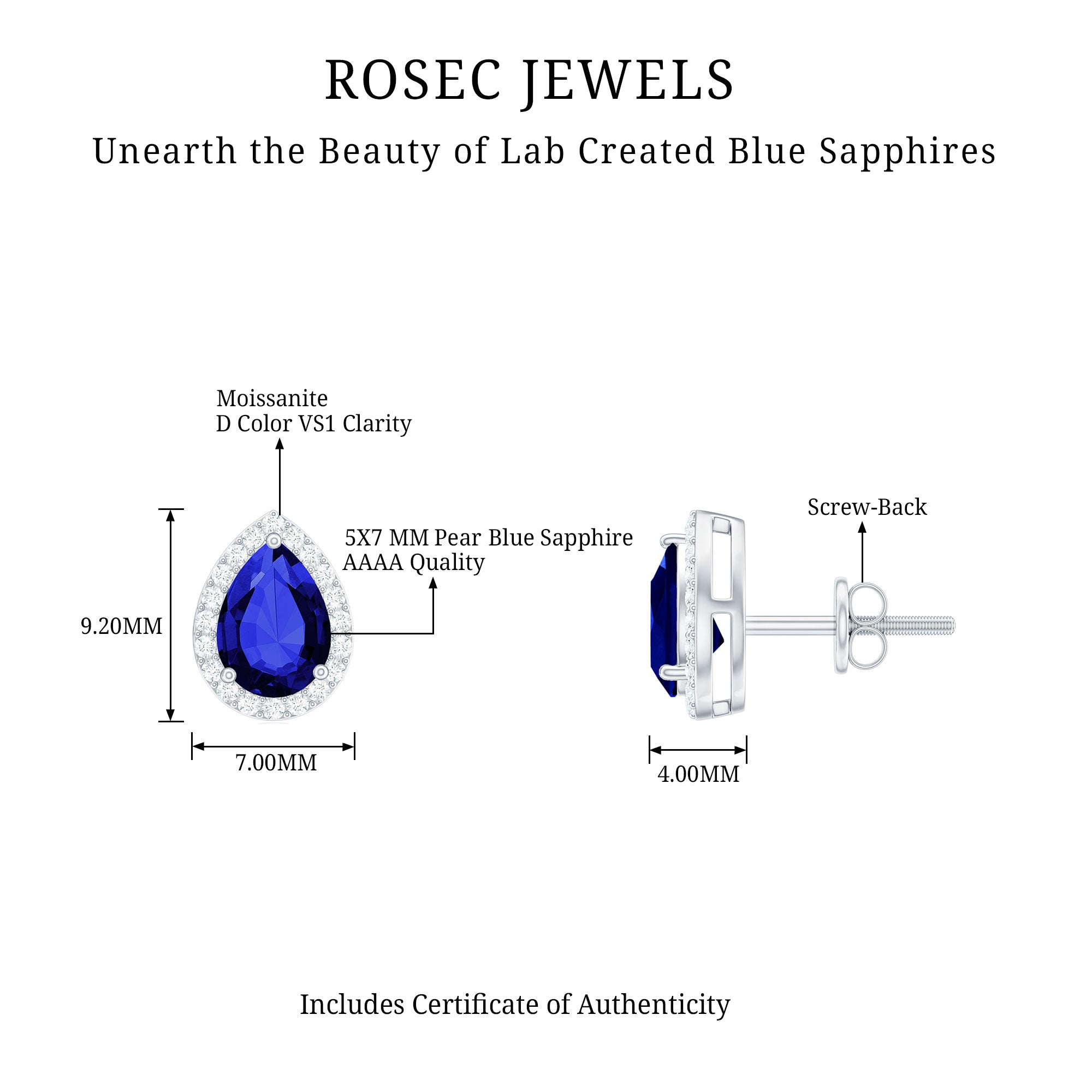 Created Blue Sapphire and Moissanite Halo Stud Earrings Lab Created Blue Sapphire - ( AAAA ) - Quality - Rosec Jewels