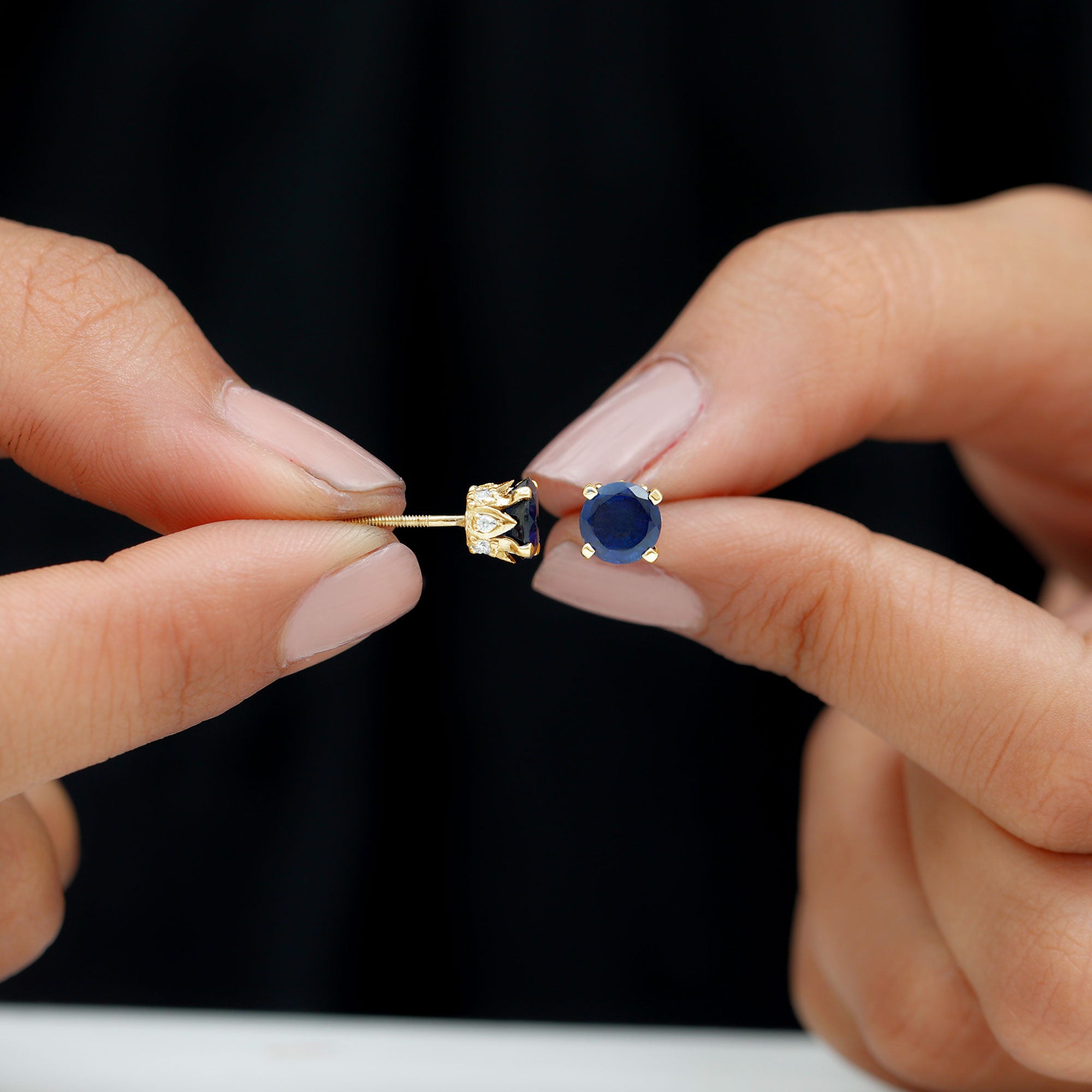 Round Cut Created Blue Sapphire Solitaire Stud Earrings with Moissanite Accent Lab Created Blue Sapphire - ( AAAA ) - Quality - Rosec Jewels