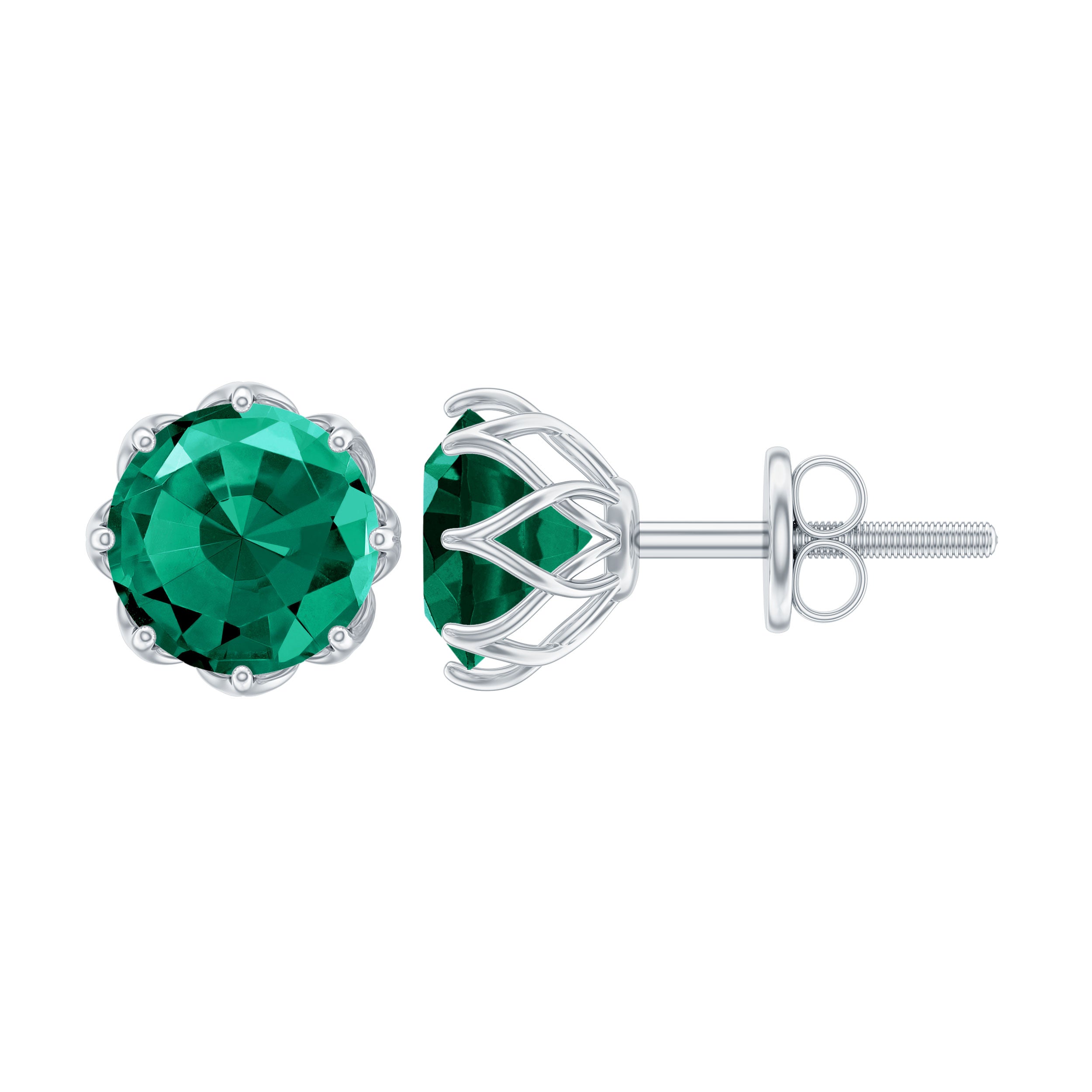 6 MM Decorative Created Emerald Solitaire Stud Earrings Lab Created Emerald - ( AAAA ) - Quality - Rosec Jewels