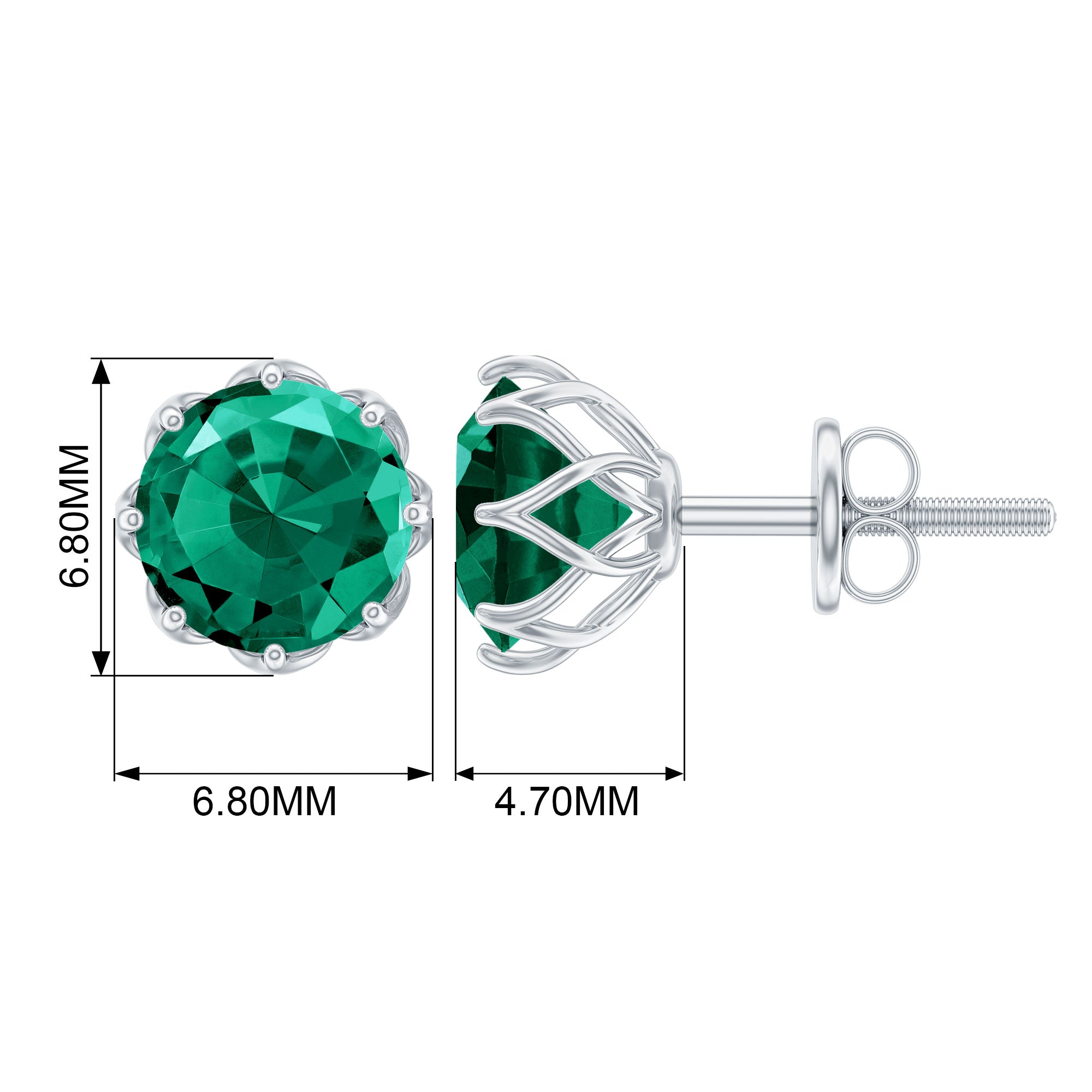 6 MM Decorative Created Emerald Solitaire Stud Earrings Lab Created Emerald - ( AAAA ) - Quality - Rosec Jewels