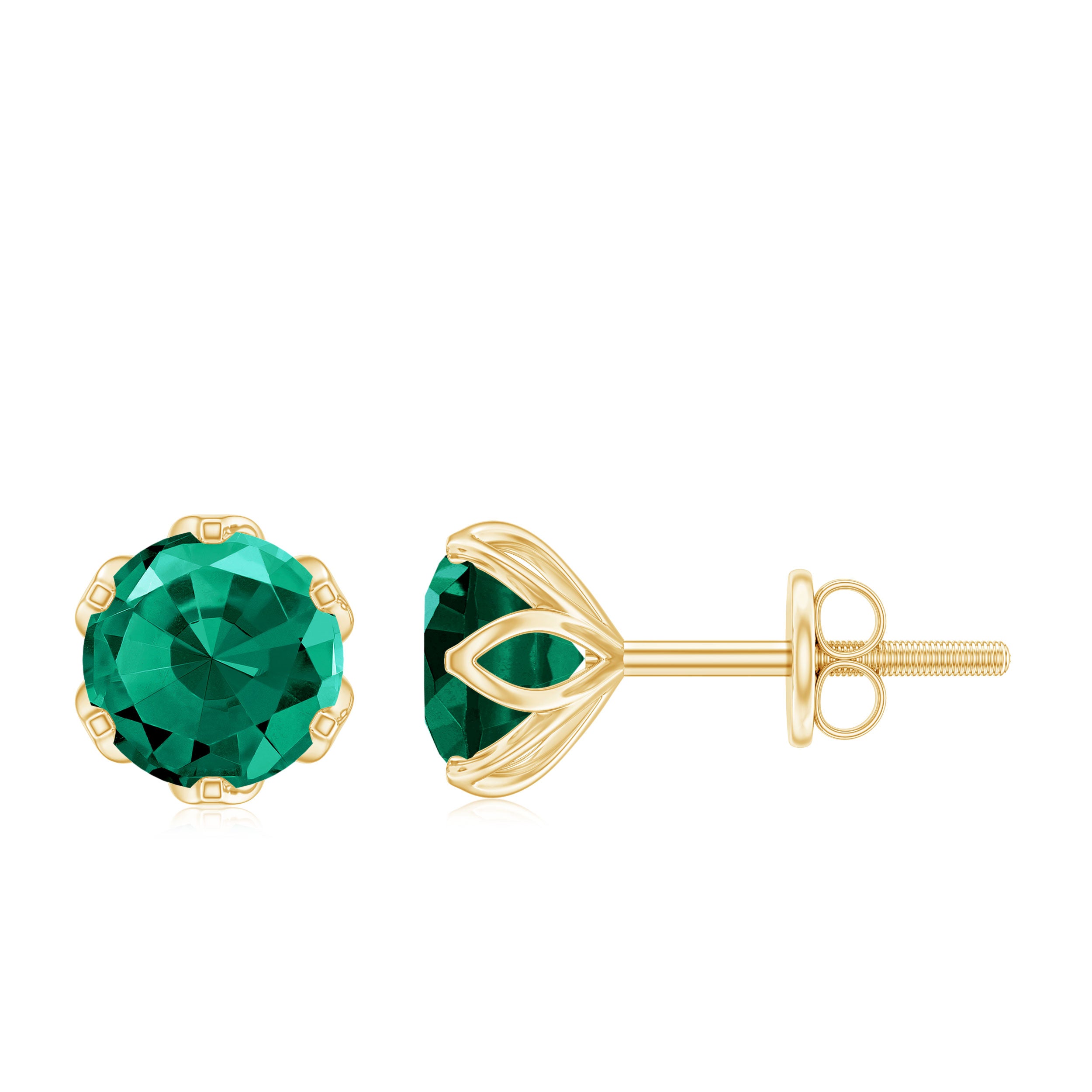 6 MM Round Cut Created Emerald Solitaire Stud Earrings in Lotus Basket Setting Lab Created Emerald - ( AAAA ) - Quality - Rosec Jewels