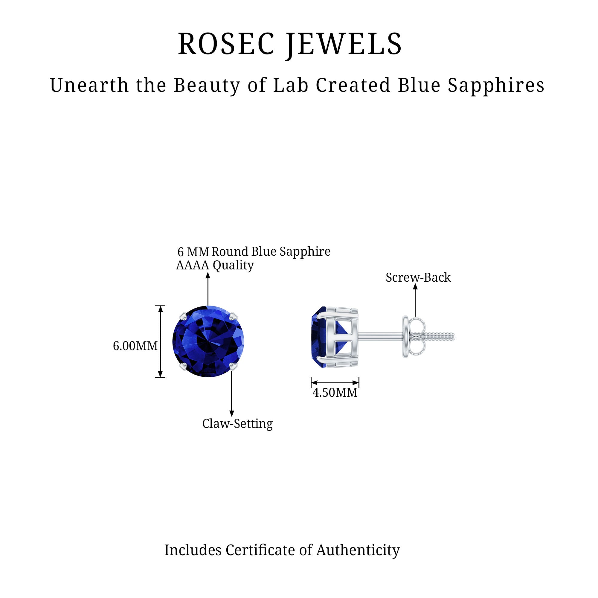 2 CT Solitaire Created Blue Sapphire Round Stud Earrings in Claw Setting Lab Created Blue Sapphire - ( AAAA ) - Quality - Rosec Jewels