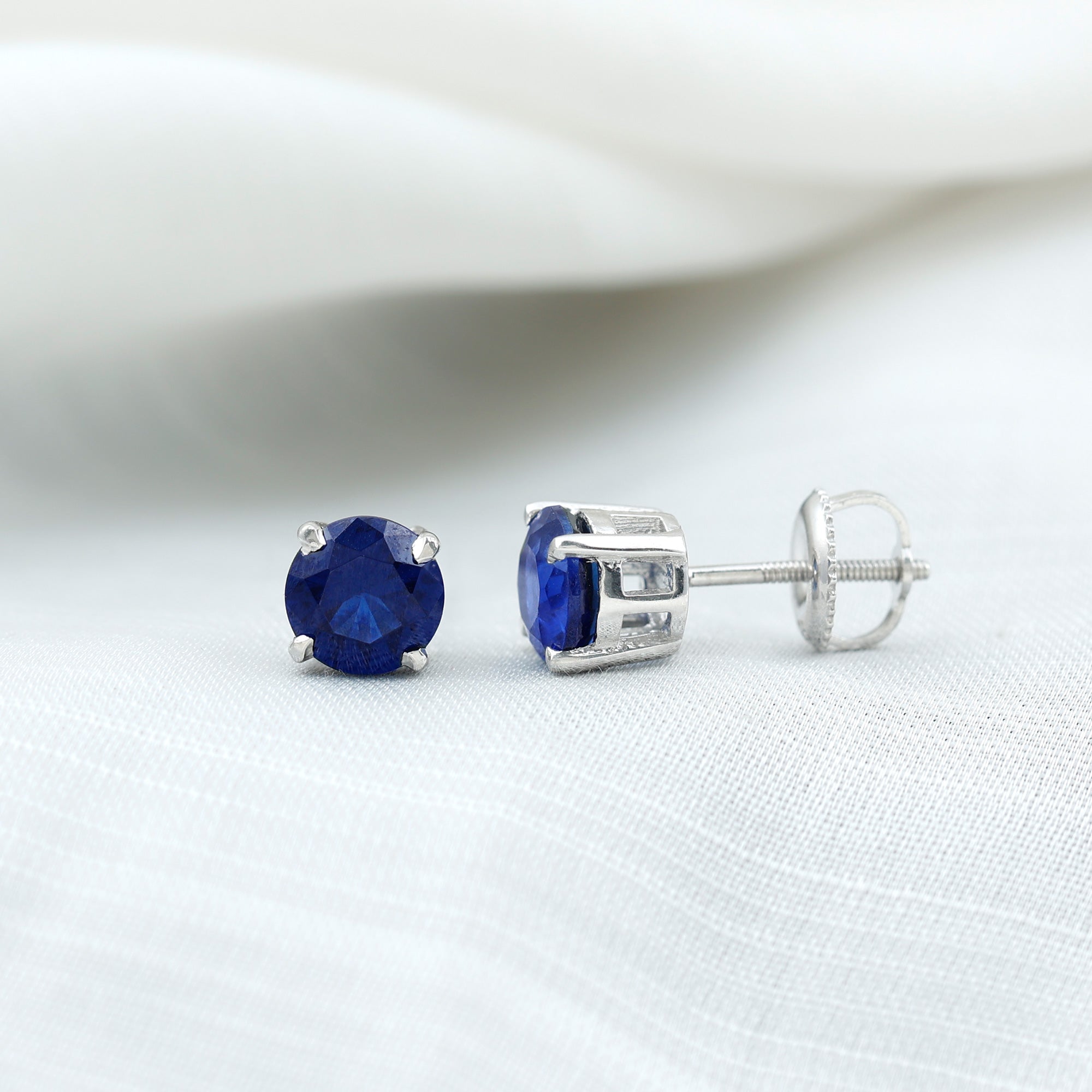 2 CT Solitaire Created Blue Sapphire Round Silver Stud Earrings in Claw Setting Lab Created Blue Sapphire - ( AAAA ) - Quality 92.5 Sterling Silver - Rosec Jewels