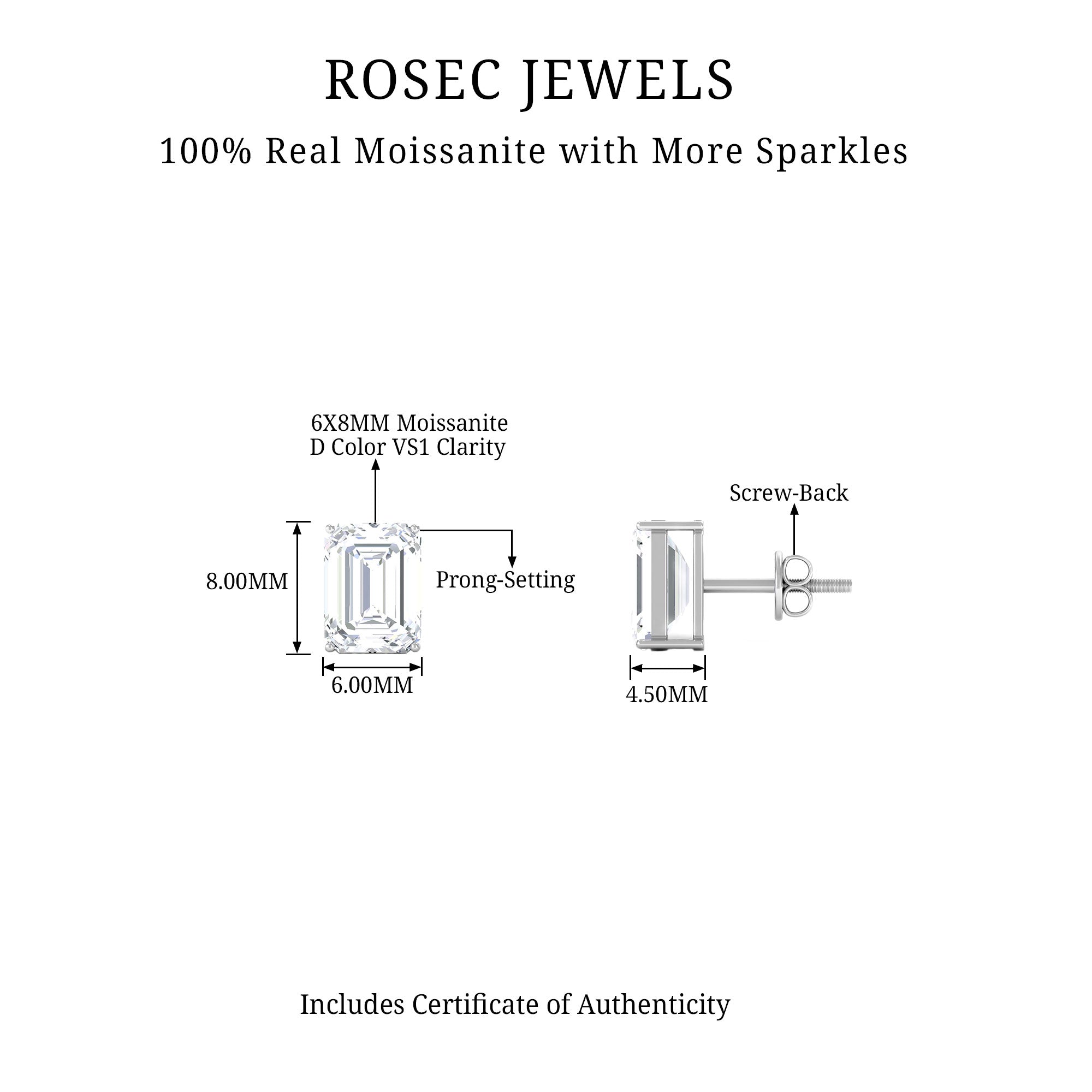 6X8 MM Octagon Shape Moissanite Solitaire Stud Earrings Moissanite - ( D-VS1 ) - Color and Clarity - Rosec Jewels