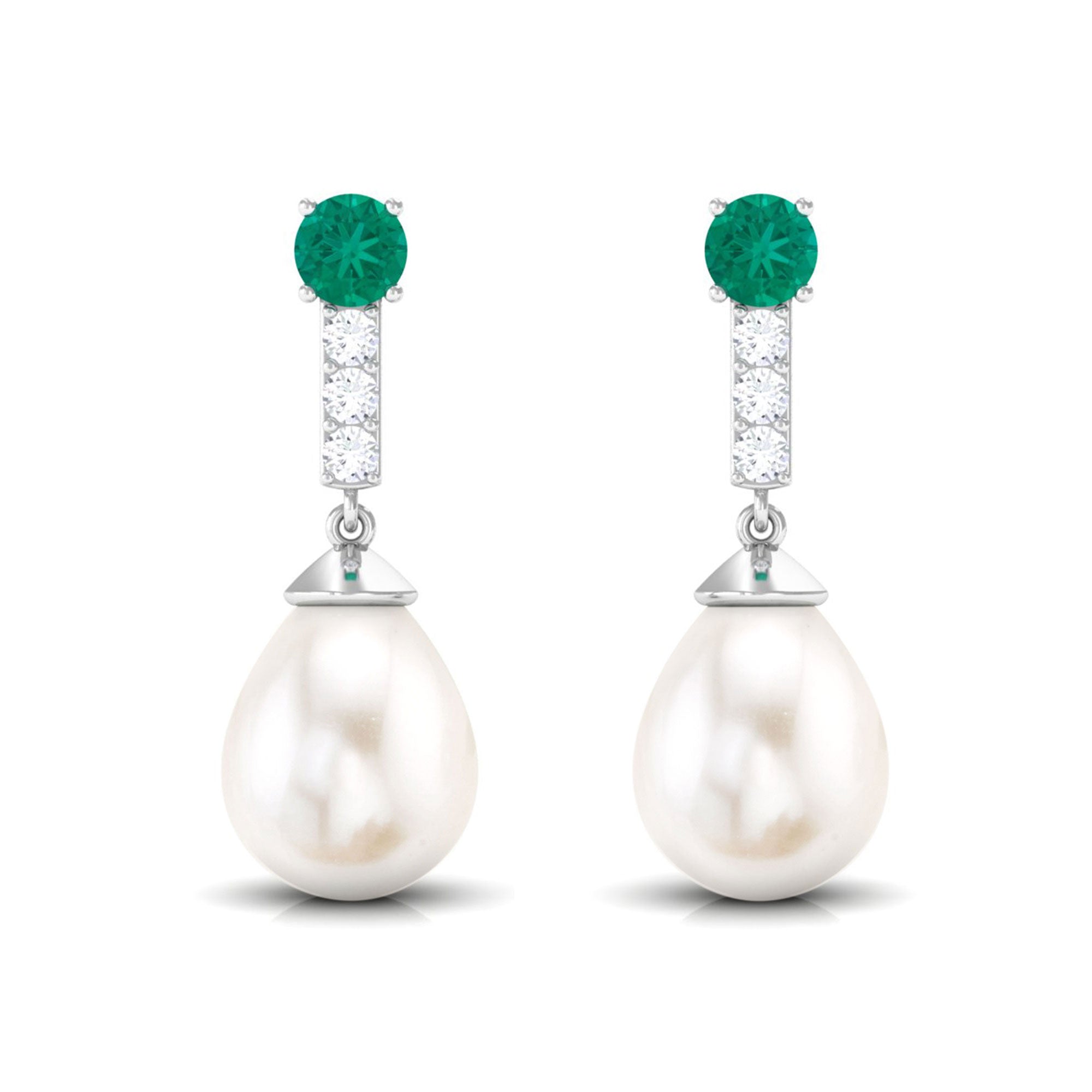 Freshwater Pearl Teardrop Earrings with Moissanite and Emerald Emerald - ( AAA ) - Quality - Rosec Jewels