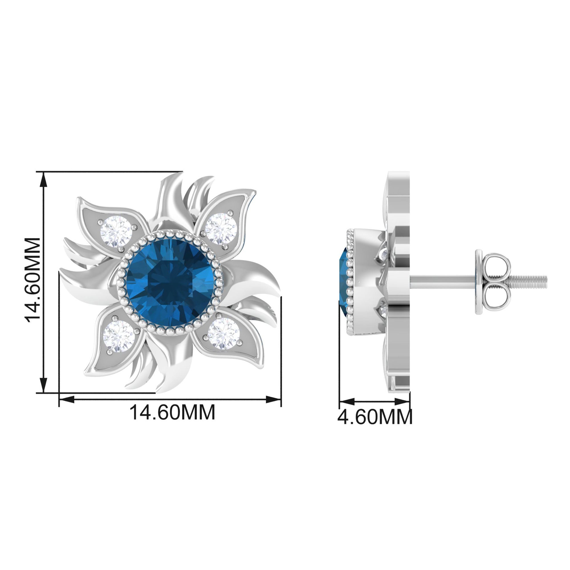 Rosec Jewels-London Blue Topaz and Diamond Flower Stud Earrings