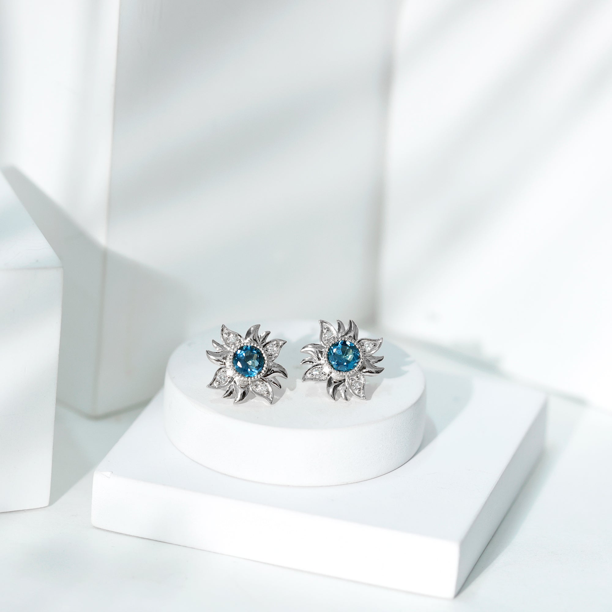 Rosec Jewels-London Blue Topaz and Diamond Flower Stud Earrings