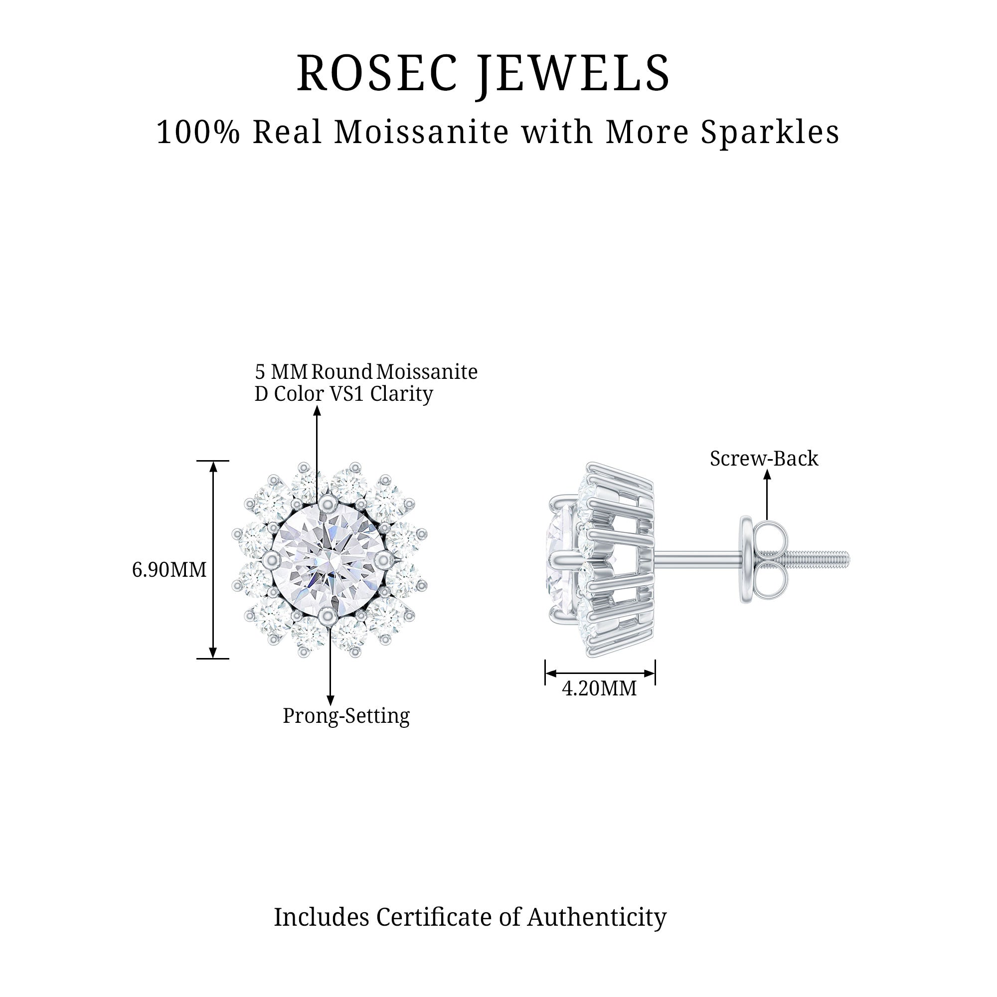 Round Moissanite Flower Cluster Stud Earrings Moissanite - ( D-VS1 ) - Color and Clarity - Rosec Jewels