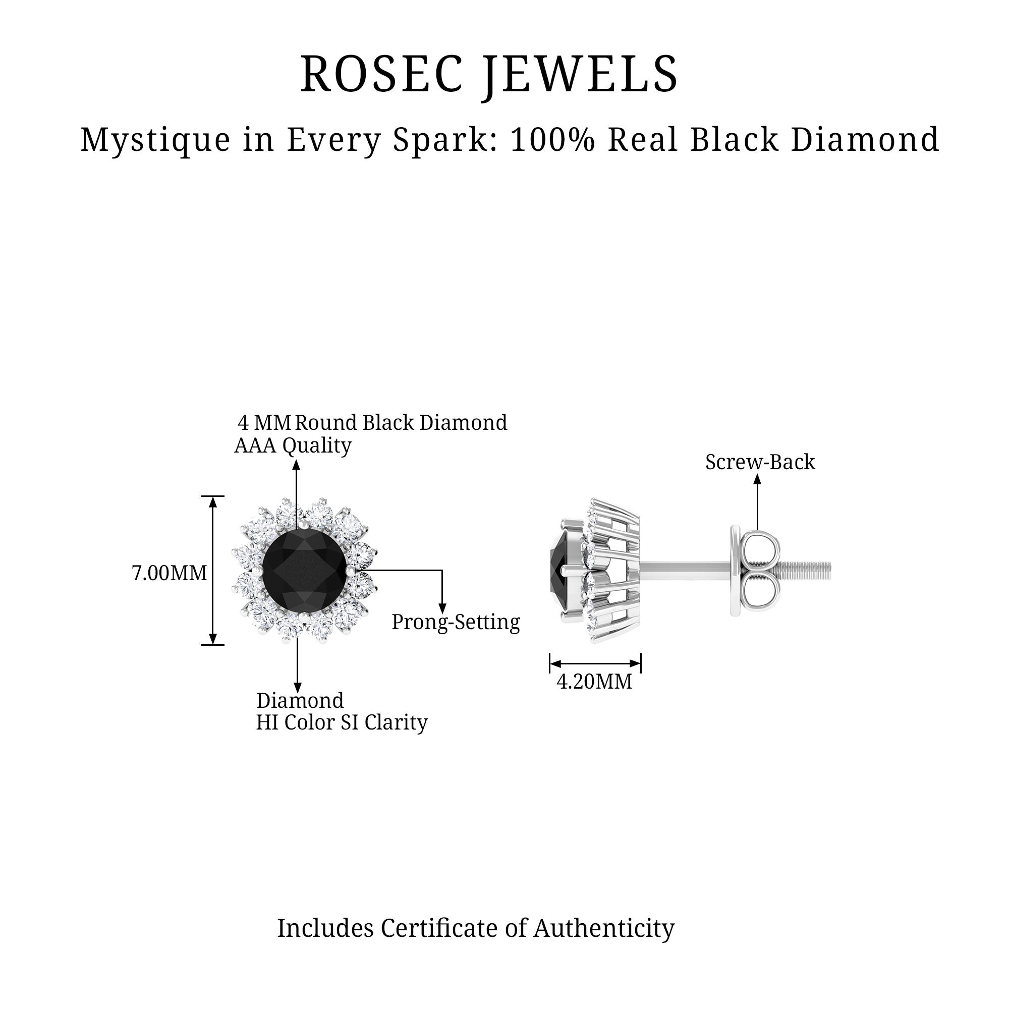 Minimal Black and White Diamond Halo Stud Earrings Black Diamond - ( AAA ) - Quality - Rosec Jewels