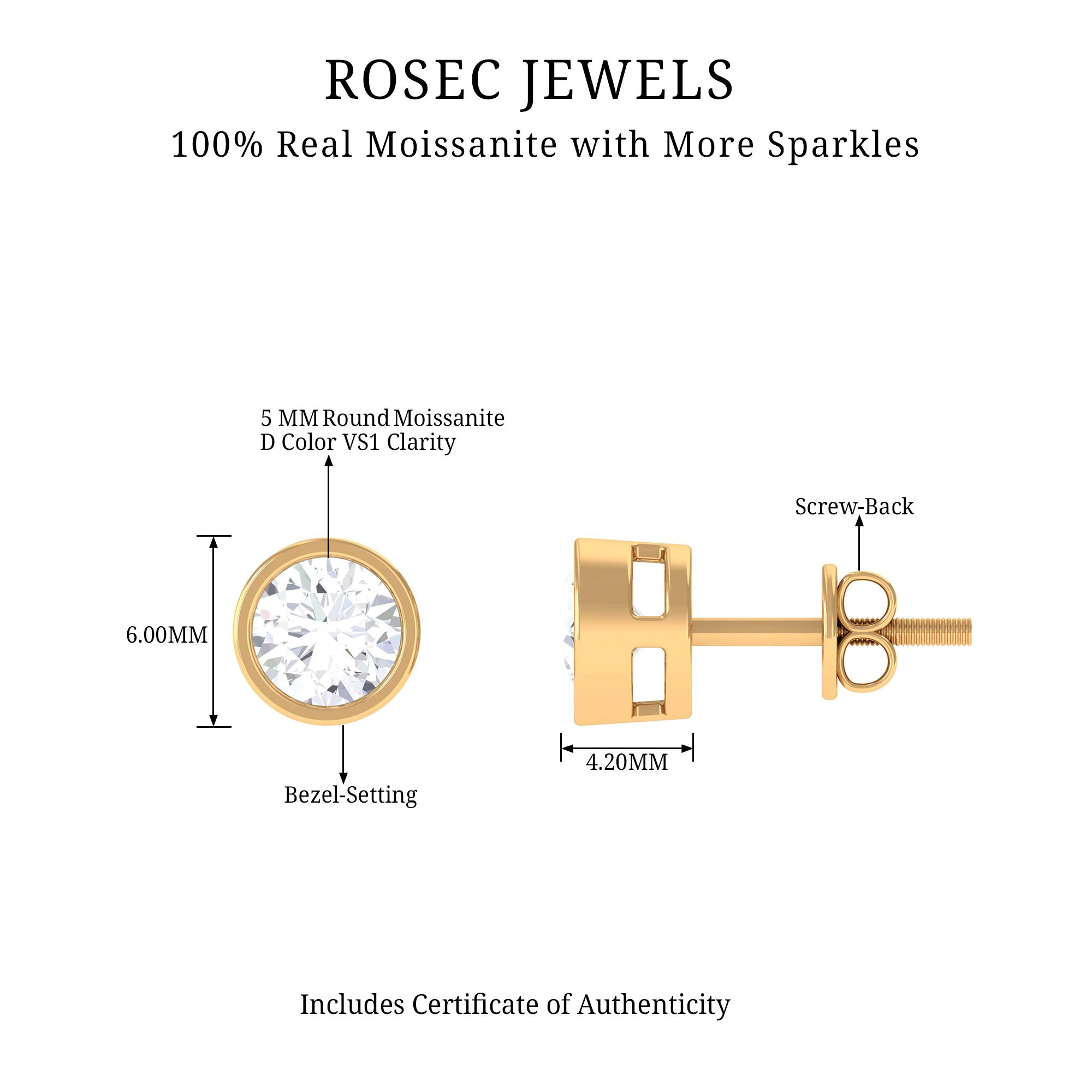 Bezel Set Moissanite Solitaire Stud Earrings for Women Moissanite - ( D-VS1 ) - Color and Clarity - Rosec Jewels