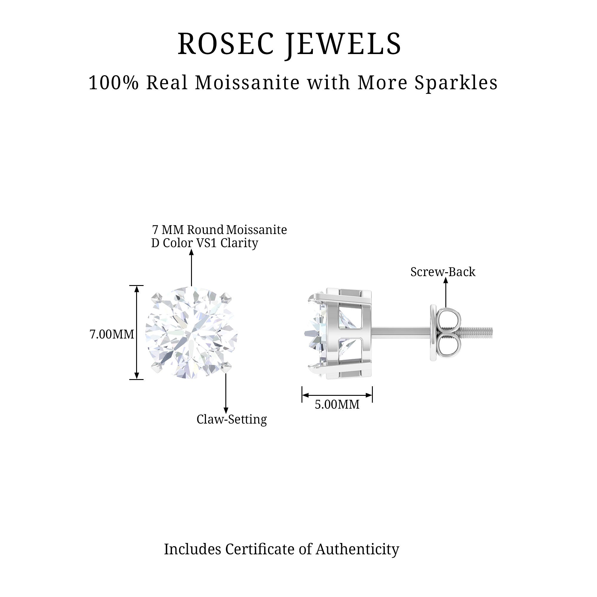 Round Moissanite Solitaire Stud Earrings in Claw Setting Moissanite - ( D-VS1 ) - Color and Clarity - Rosec Jewels