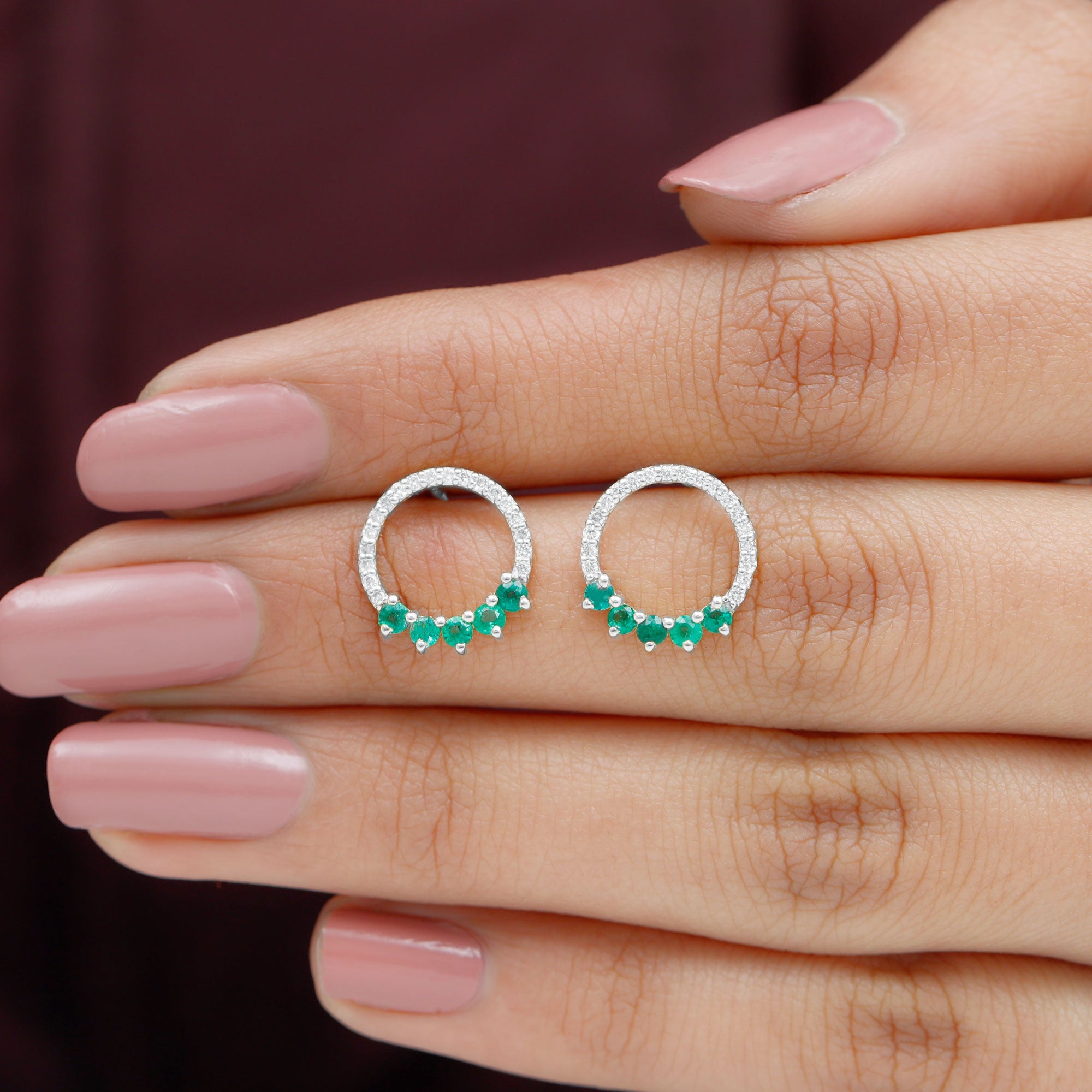 Open Circle Stud Earrings with Emerald and Diamond Emerald - ( AAA ) - Quality - Rosec Jewels