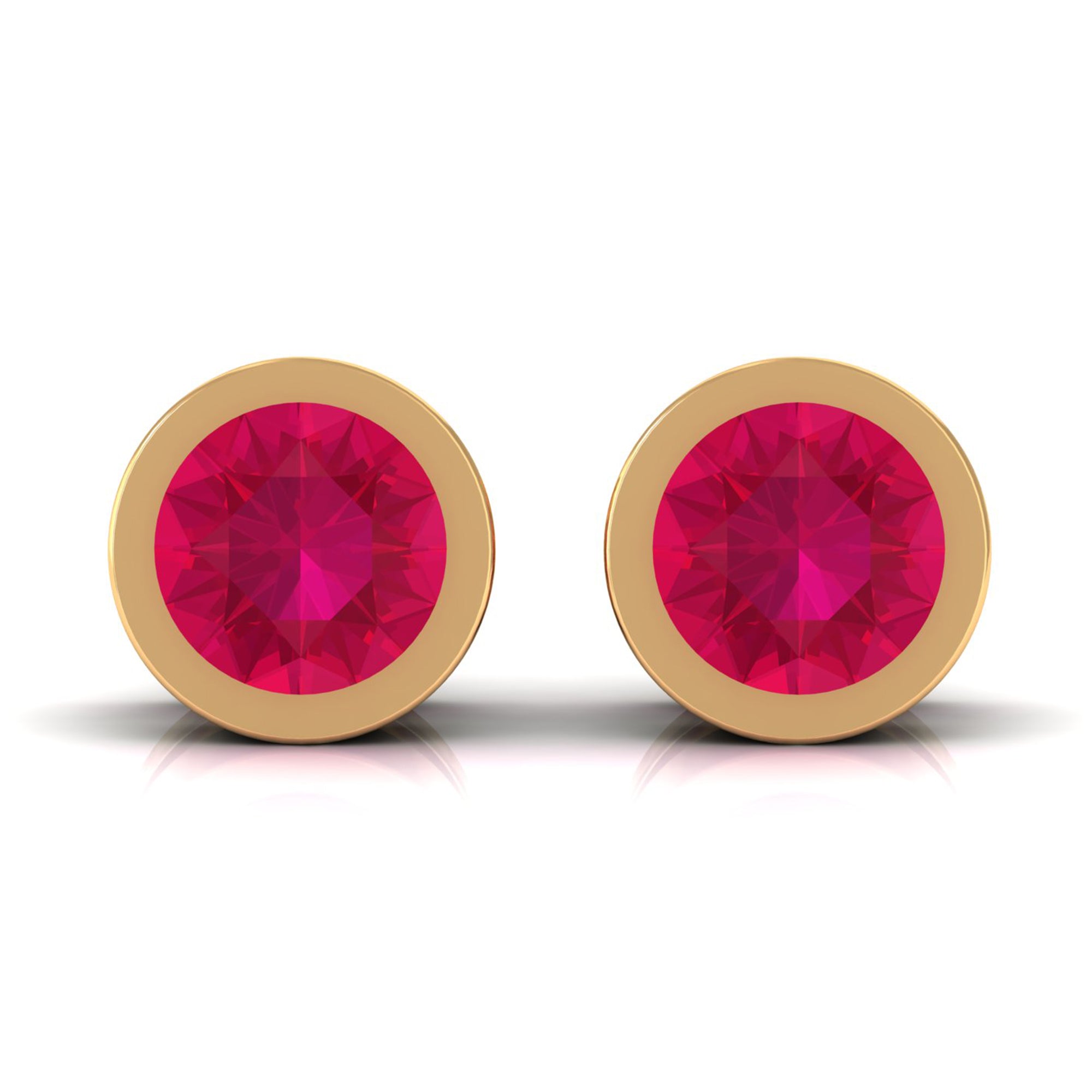 Round Ruby Dainty Solitaire Stud Earrings in Bezel Setting Ruby - ( AAA ) - Quality - Rosec Jewels