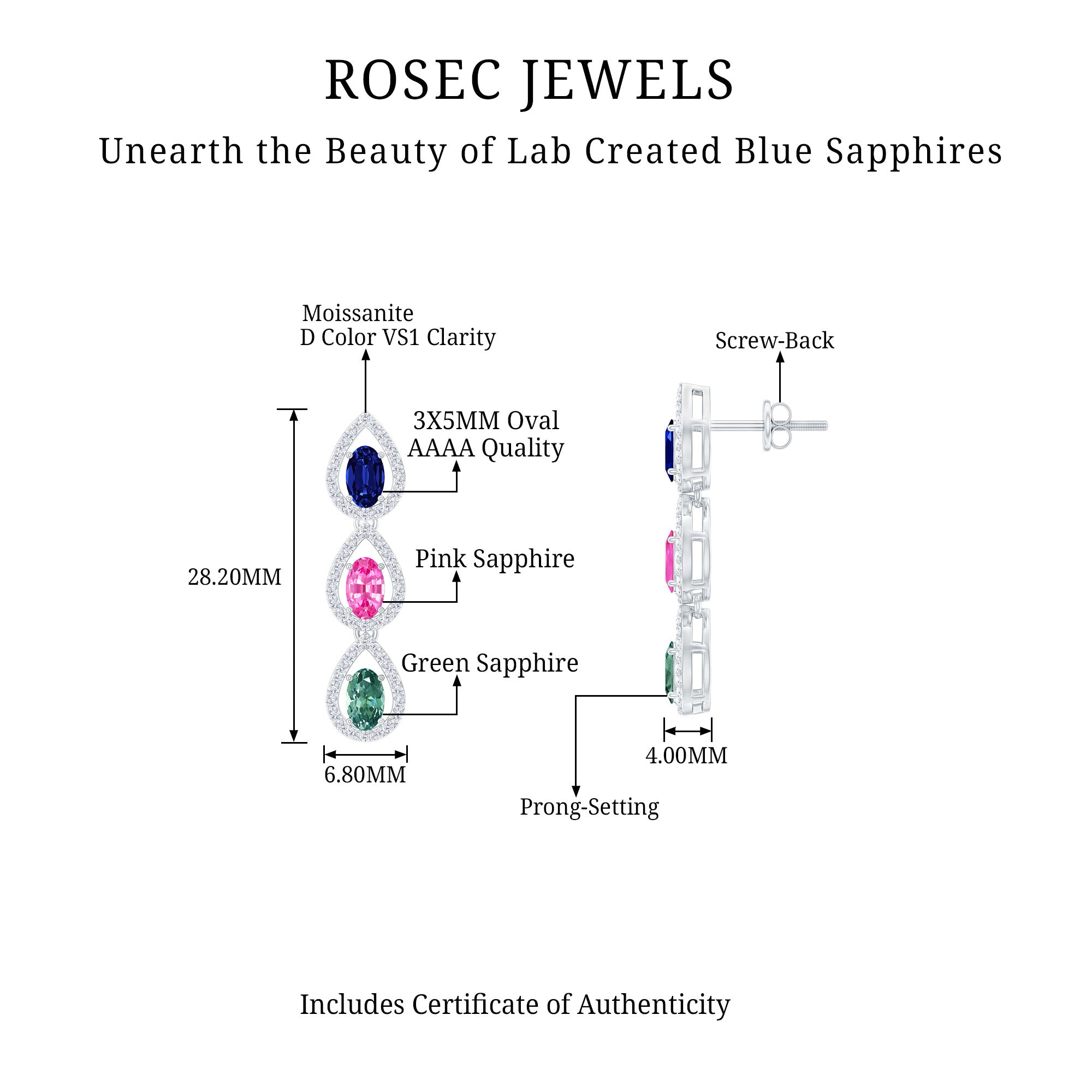 2.5 CT Multi Lab Created Sapphire Silver Teardrop Dangle Earrings with Moissanite Lab Created Blue Sapphire - ( AAAA ) - Quality 92.5 Sterling Silver - Rosec Jewels