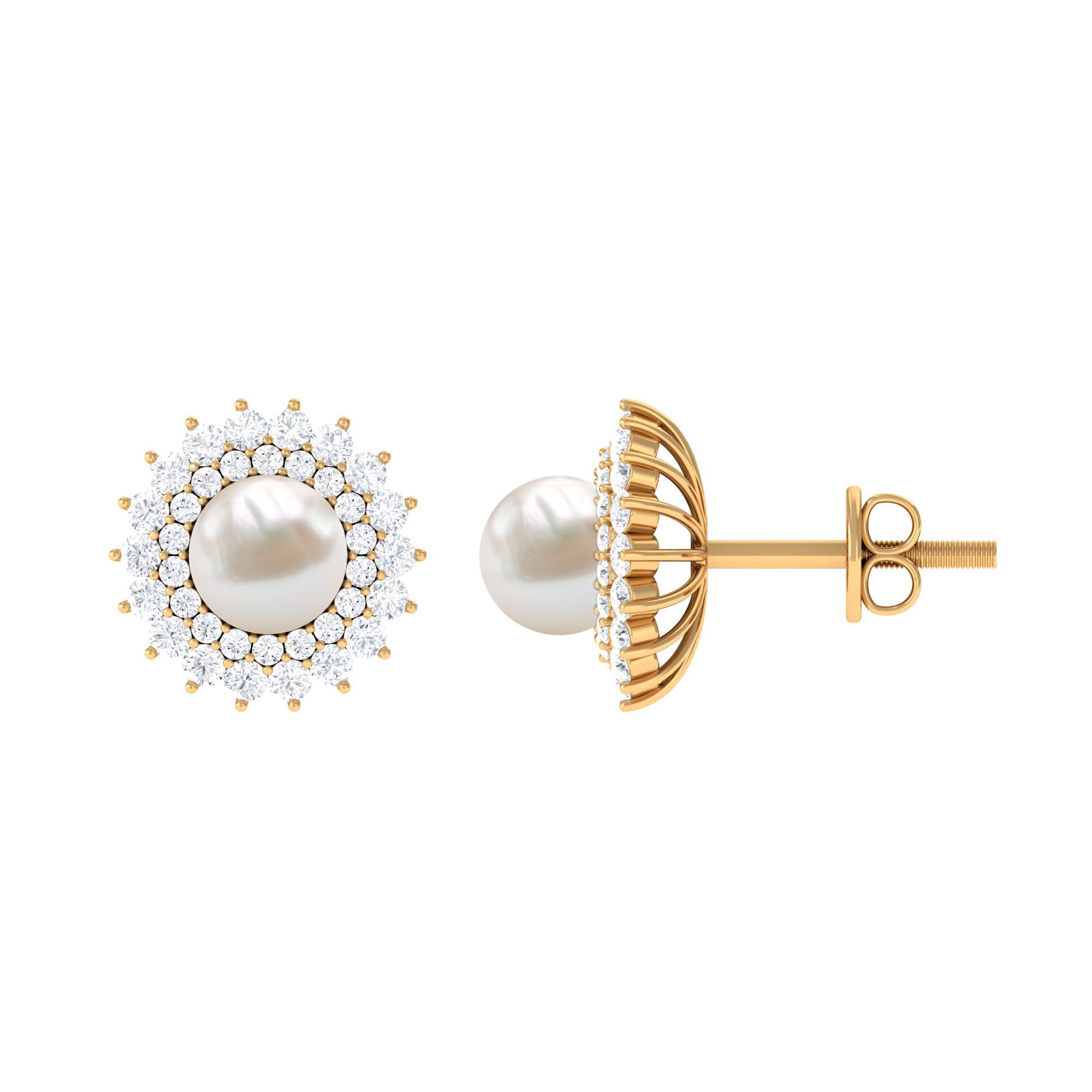 Freshwater Pearl Stud Earrings with Diamond Double Halo Freshwater Pearl - ( AAA ) - Quality - Rosec Jewels